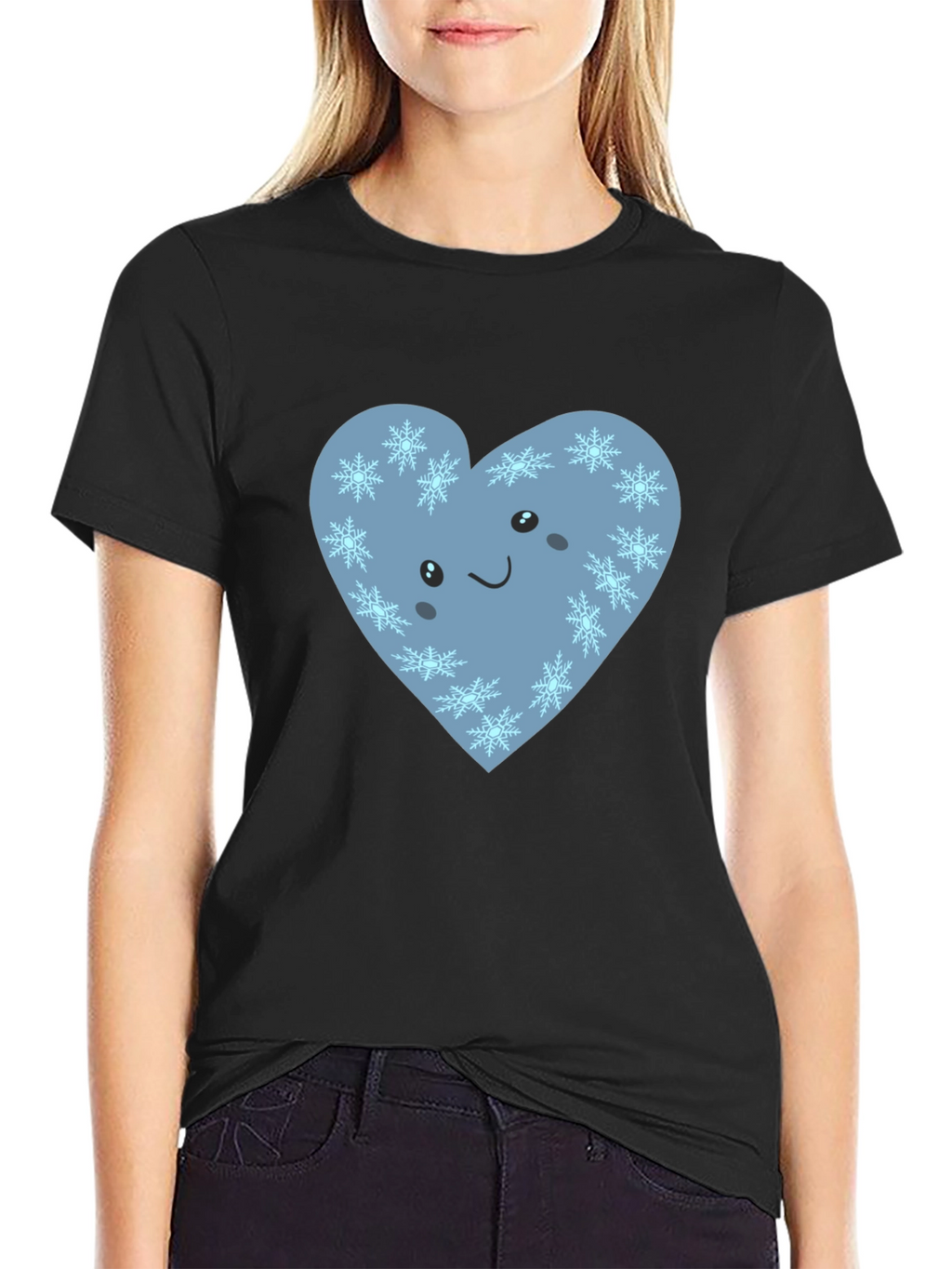 Cute Heart with Snowflakes Graphic Black T-Shirt