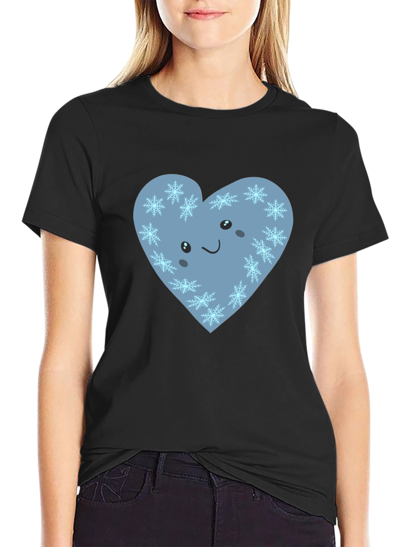 Cute Heart with Snowflakes Graphic Black T-Shirt