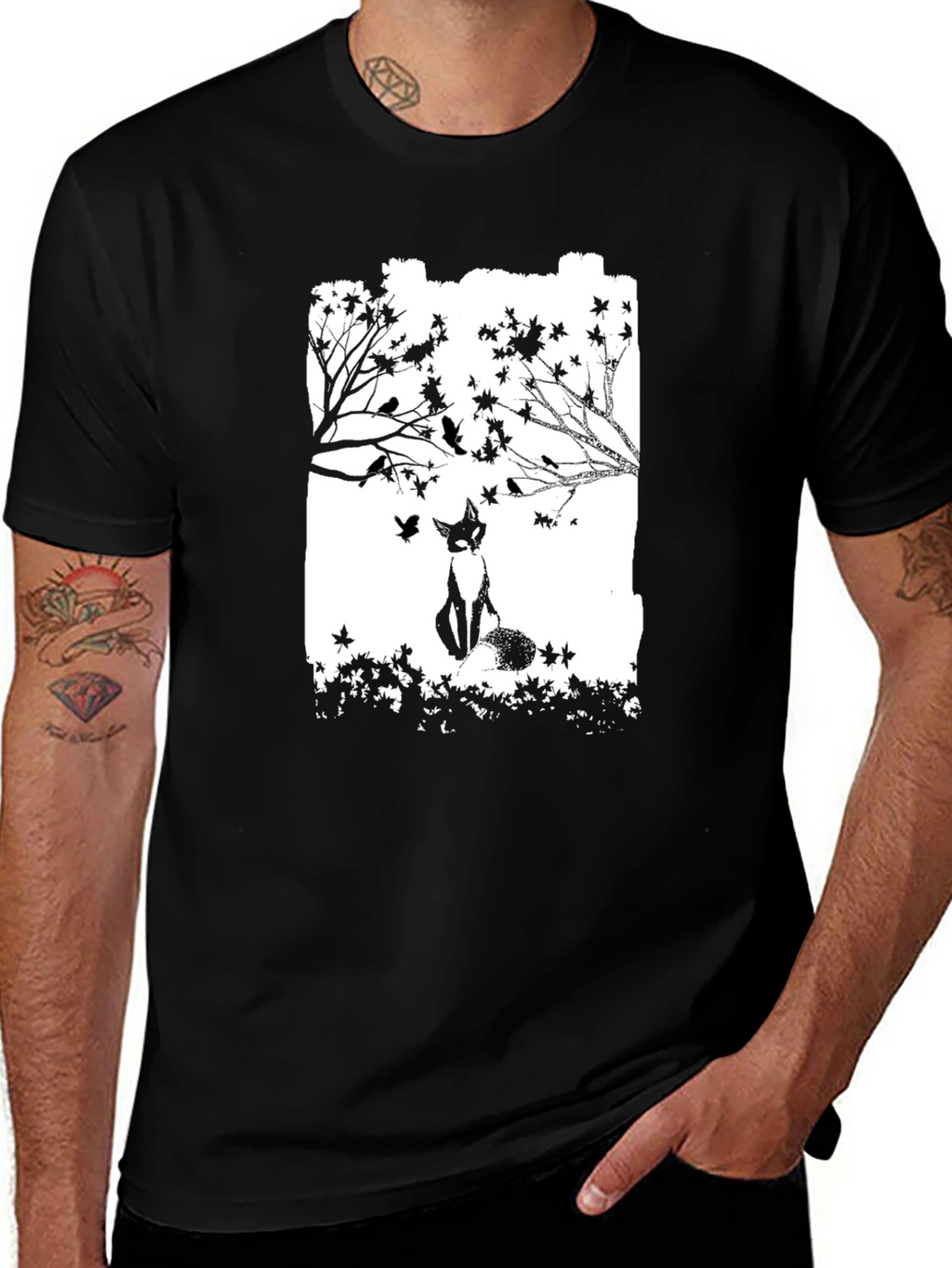 Fox & Birds Graphic Black T-Shirt