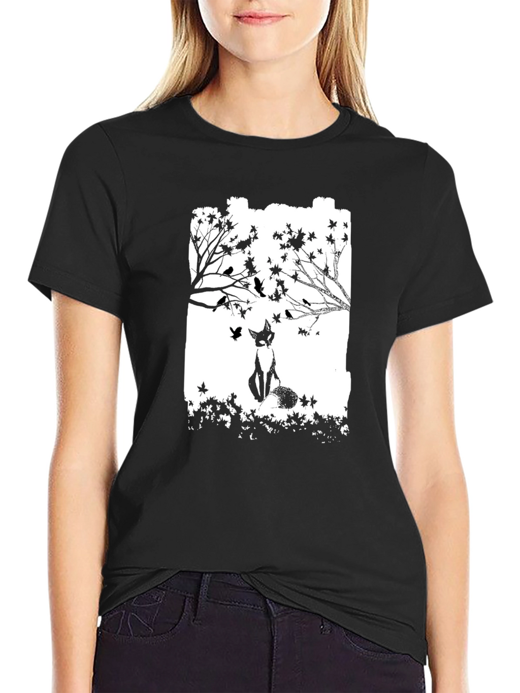 Fox & Birds Graphic Black T-Shirt