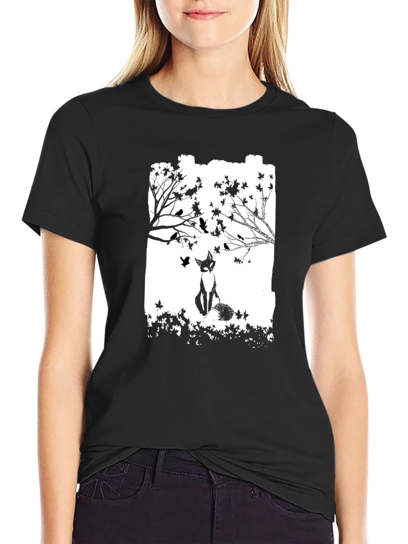 Fox & Birds Graphic Black T-Shirt