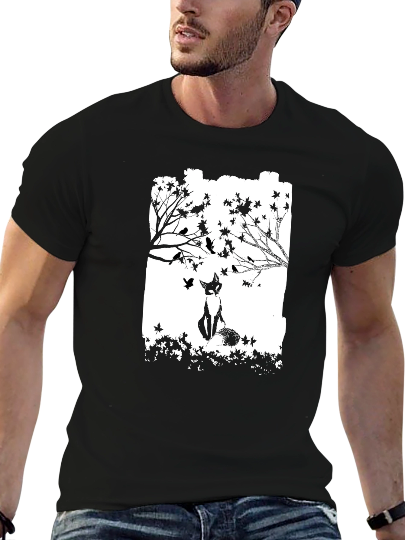 Fox & Birds Graphic Black T-Shirt