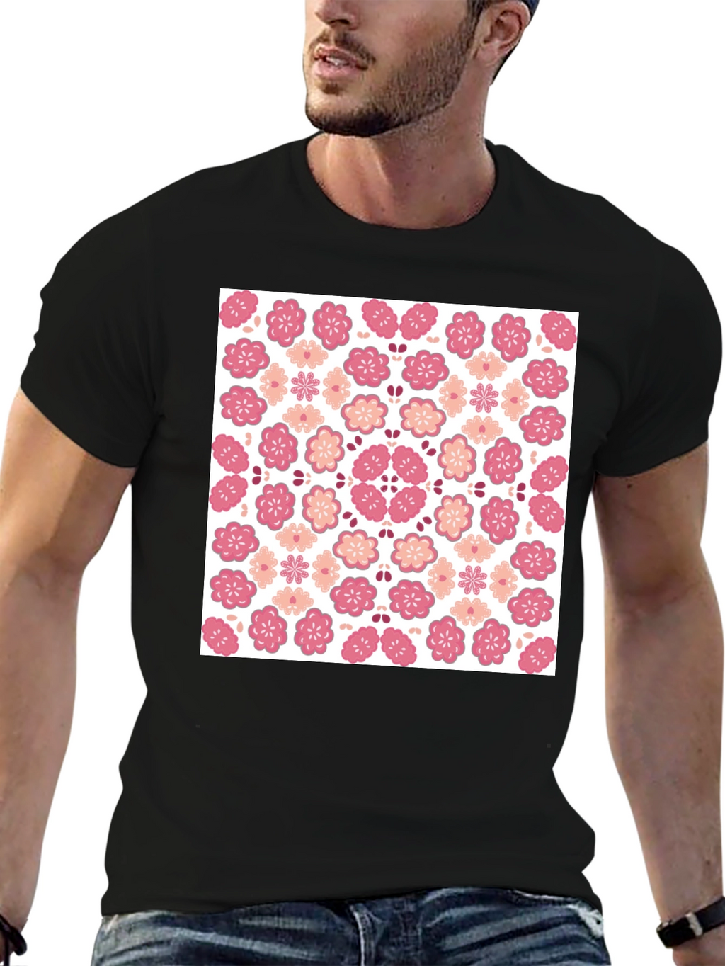 Floral Blossom Print Black Crew Neck Tee