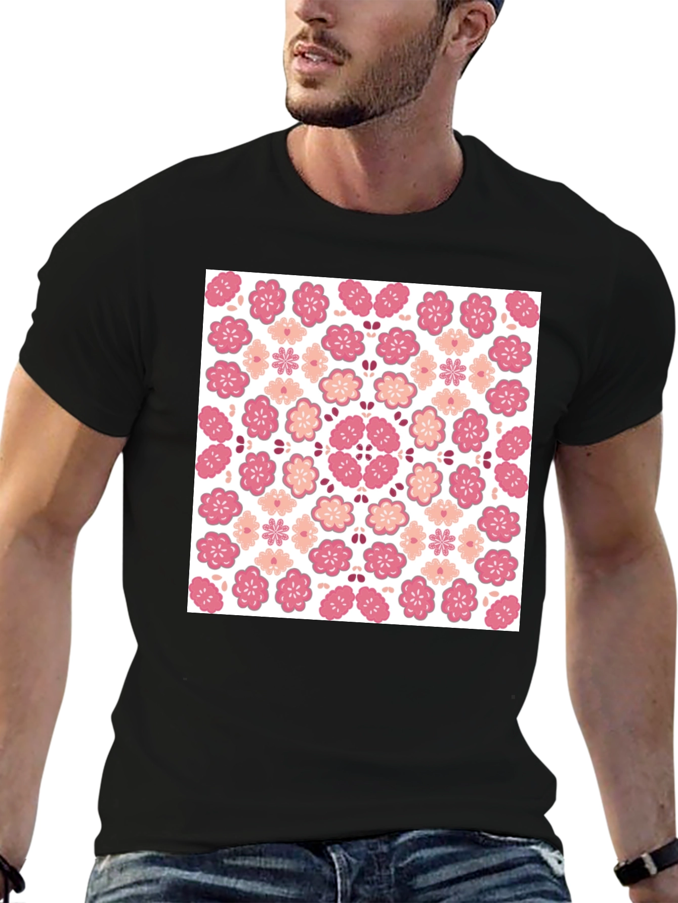 Floral Blossom Print Black Crew Neck Tee