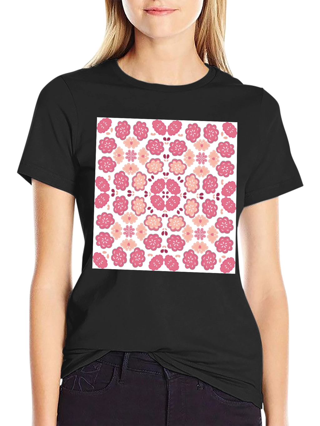 Floral Blossom Print Black Crew Neck Tee