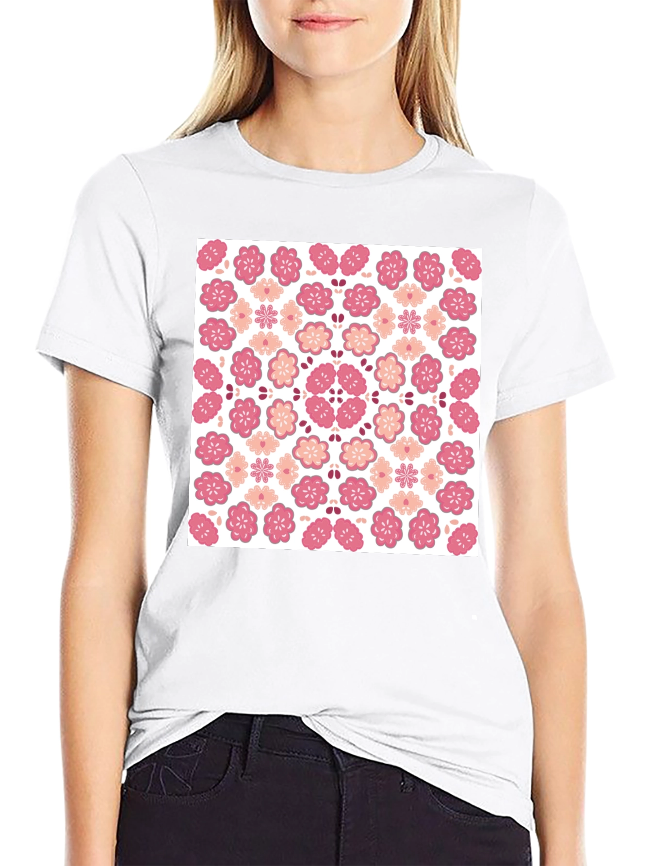 Floral Blossom Print Black Crew Neck Tee