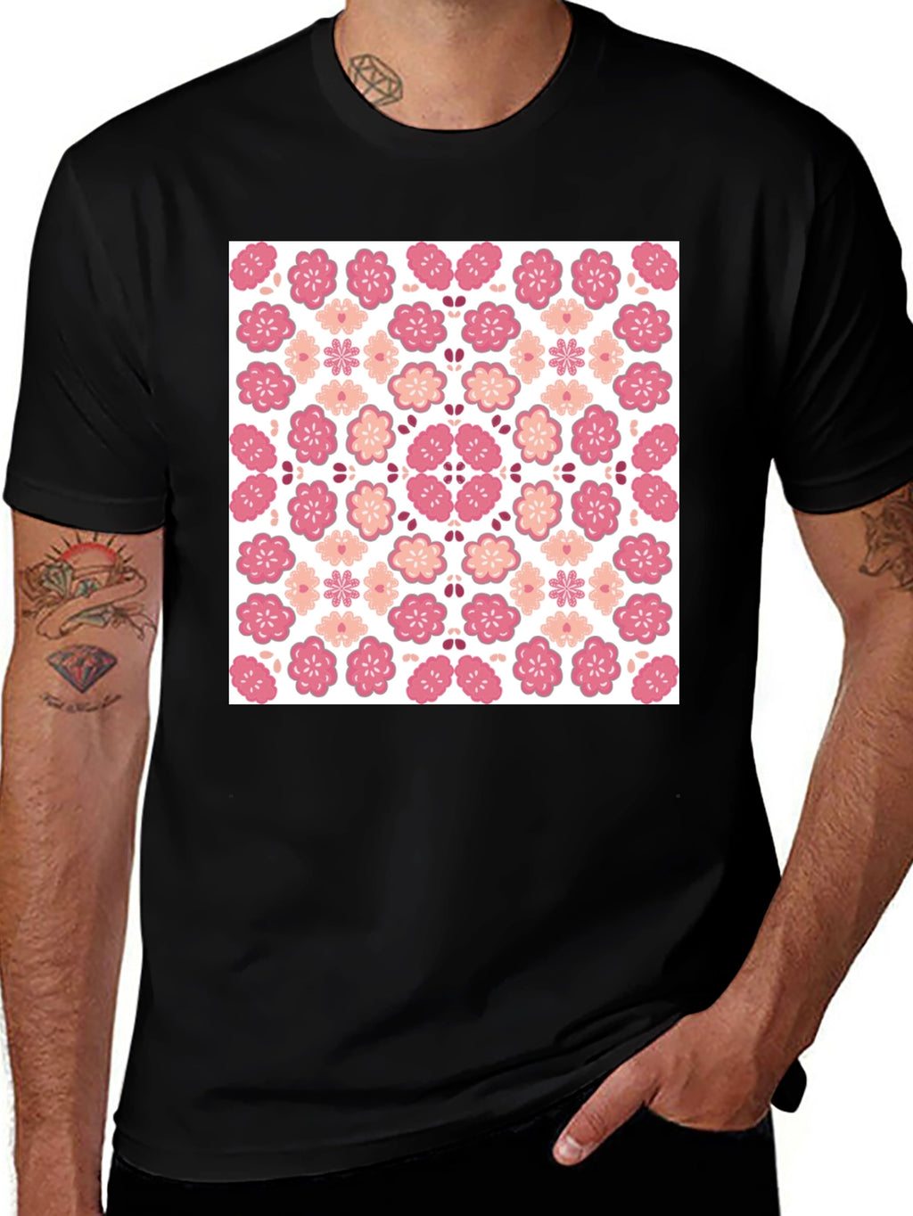 Floral Blossom Print Black Crew Neck Tee