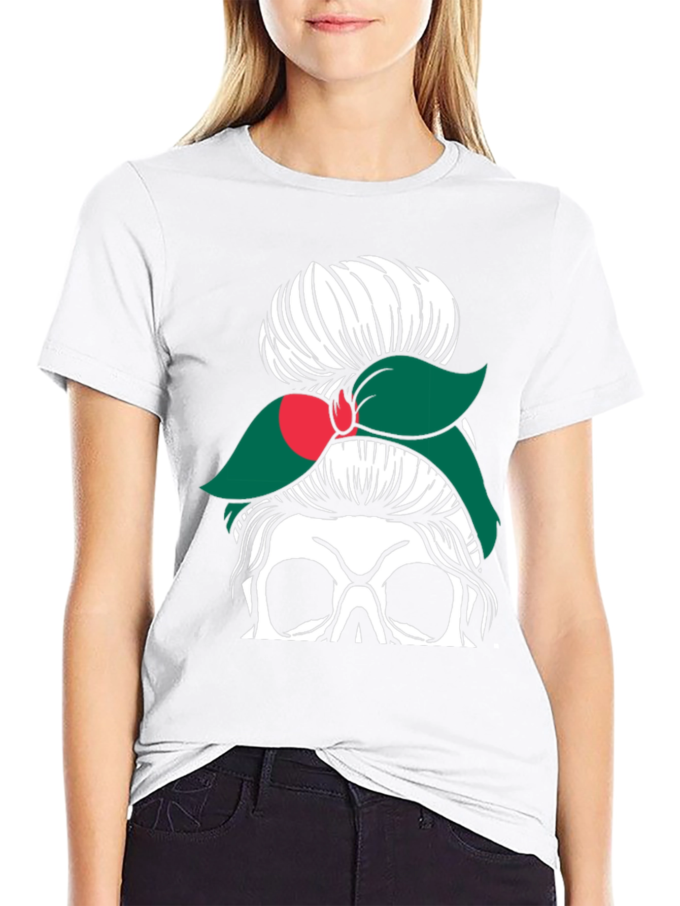 Messy Bun Skull Bangladesh Flag T-Shirt