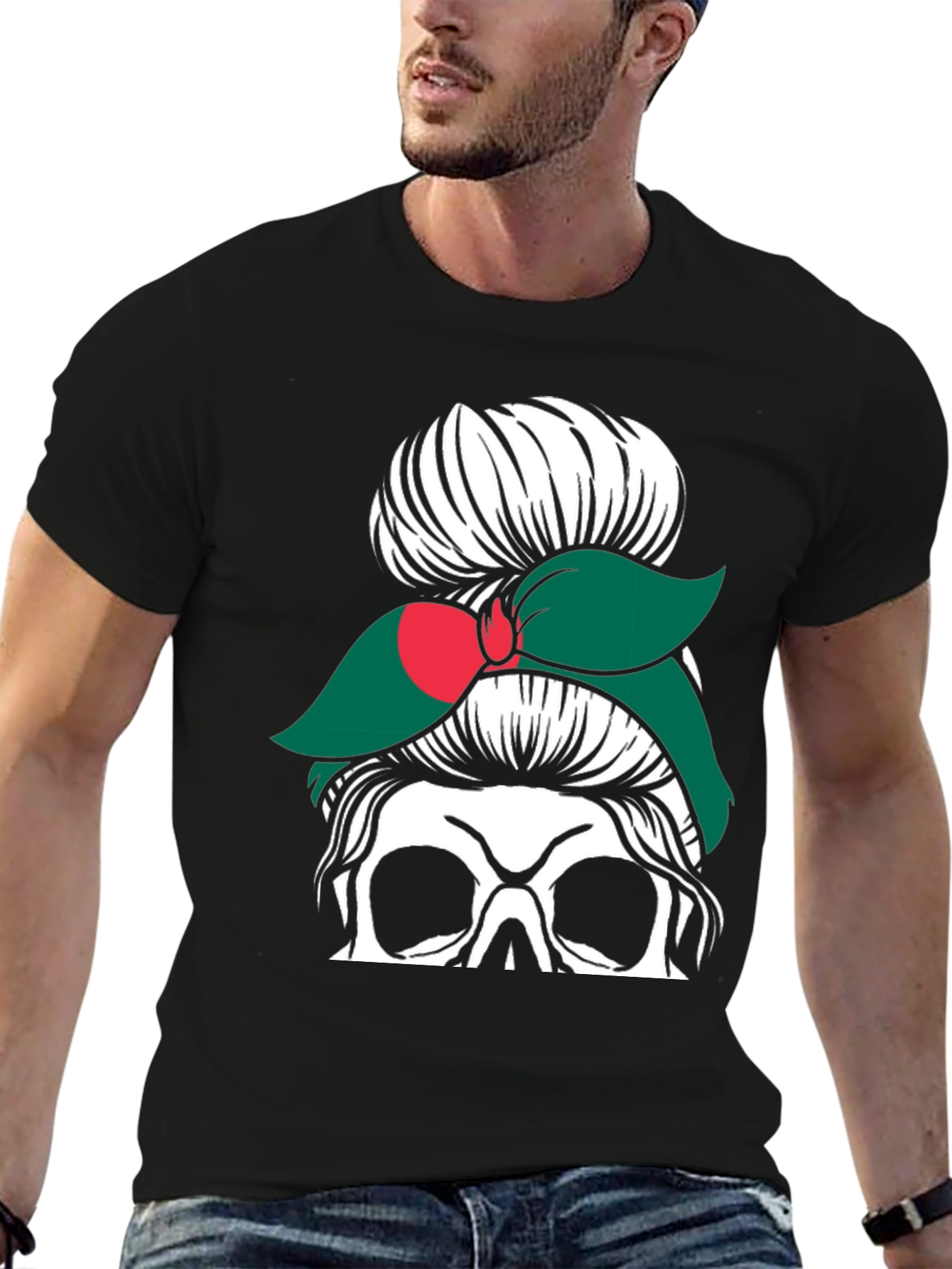 Messy Bun Skull Bangladesh Flag T-Shirt