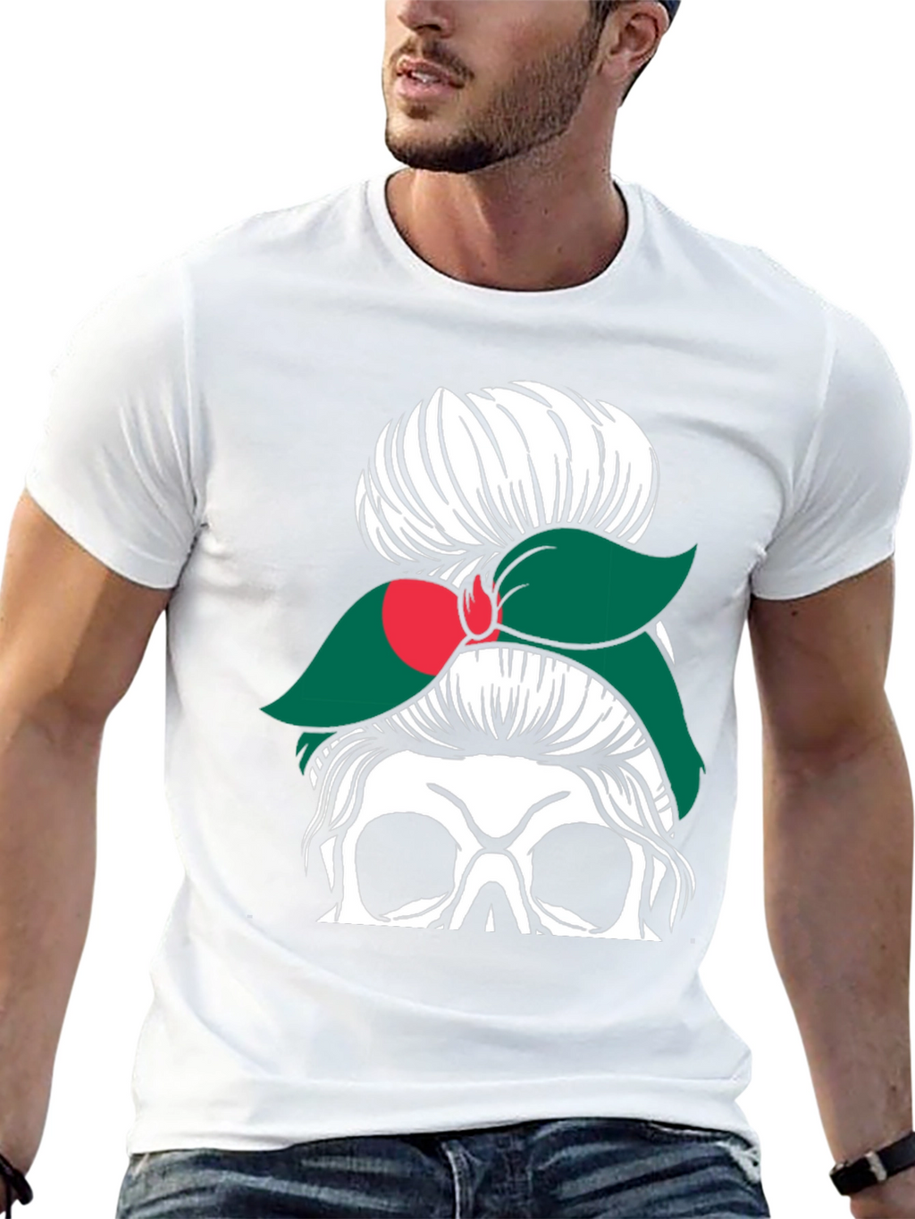 Messy Bun Skull Bangladesh Flag T-Shirt