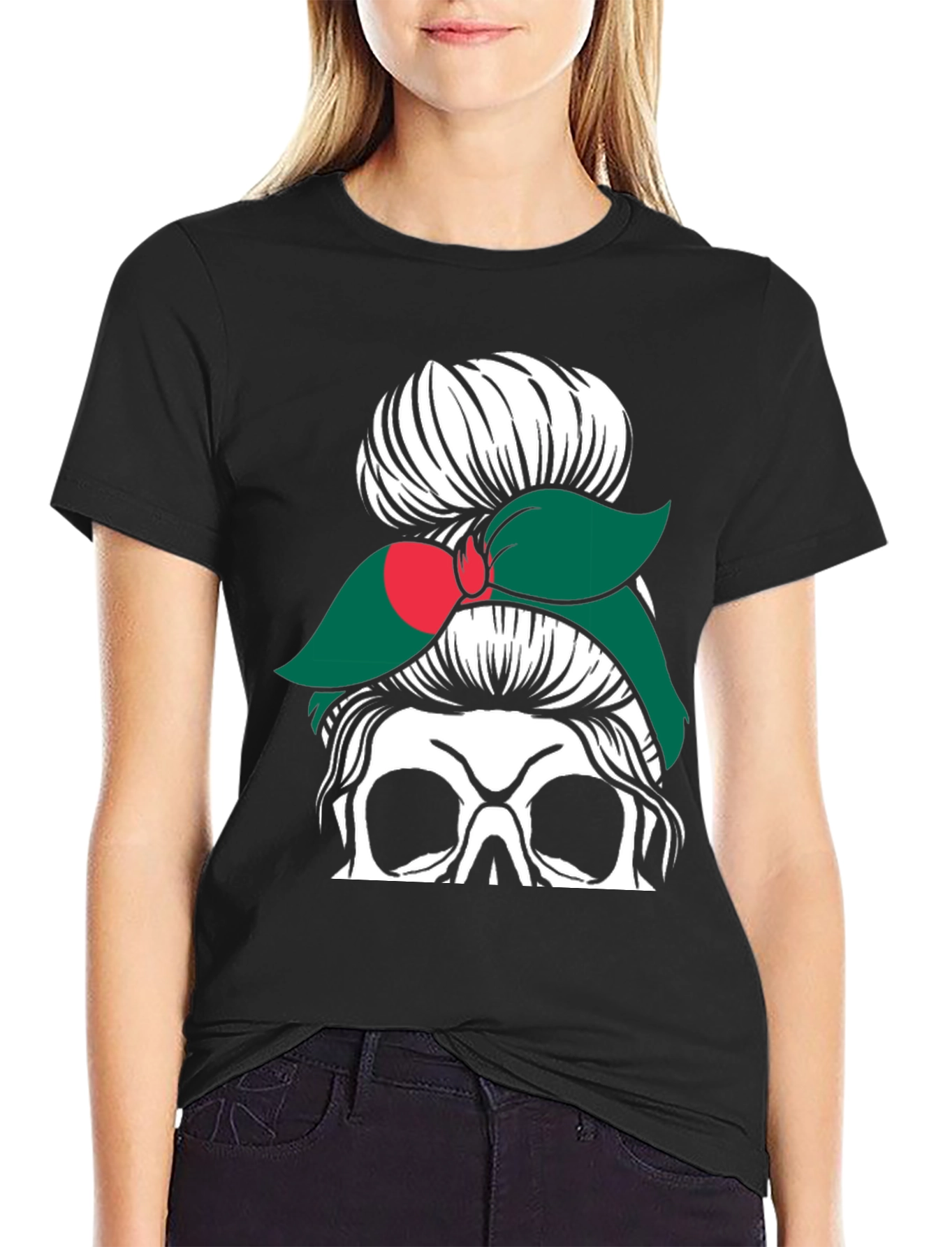 Messy Bun Skull Bangladesh Flag T-Shirt