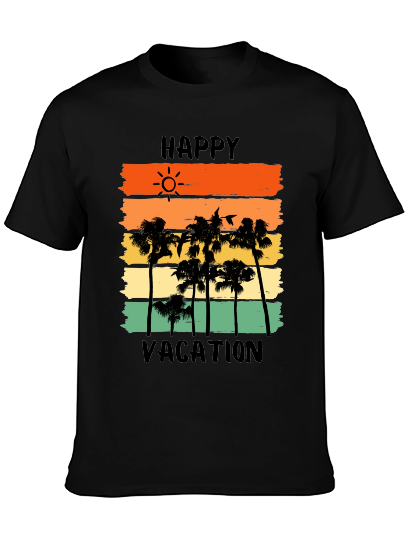 Happy Vacation Graphic Tee - Tropical Palm Tree Sunset T-Shirt
