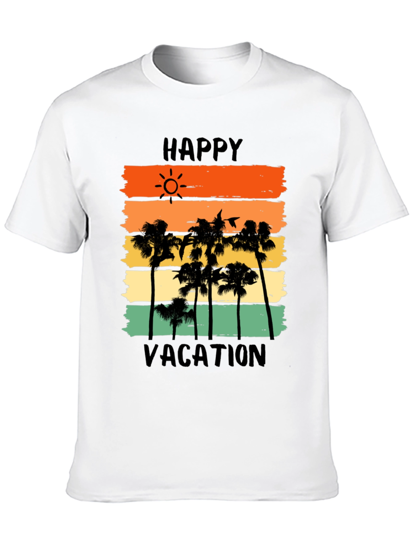 Happy Vacation Graphic Tee - Tropical Palm Tree Sunset T-Shirt