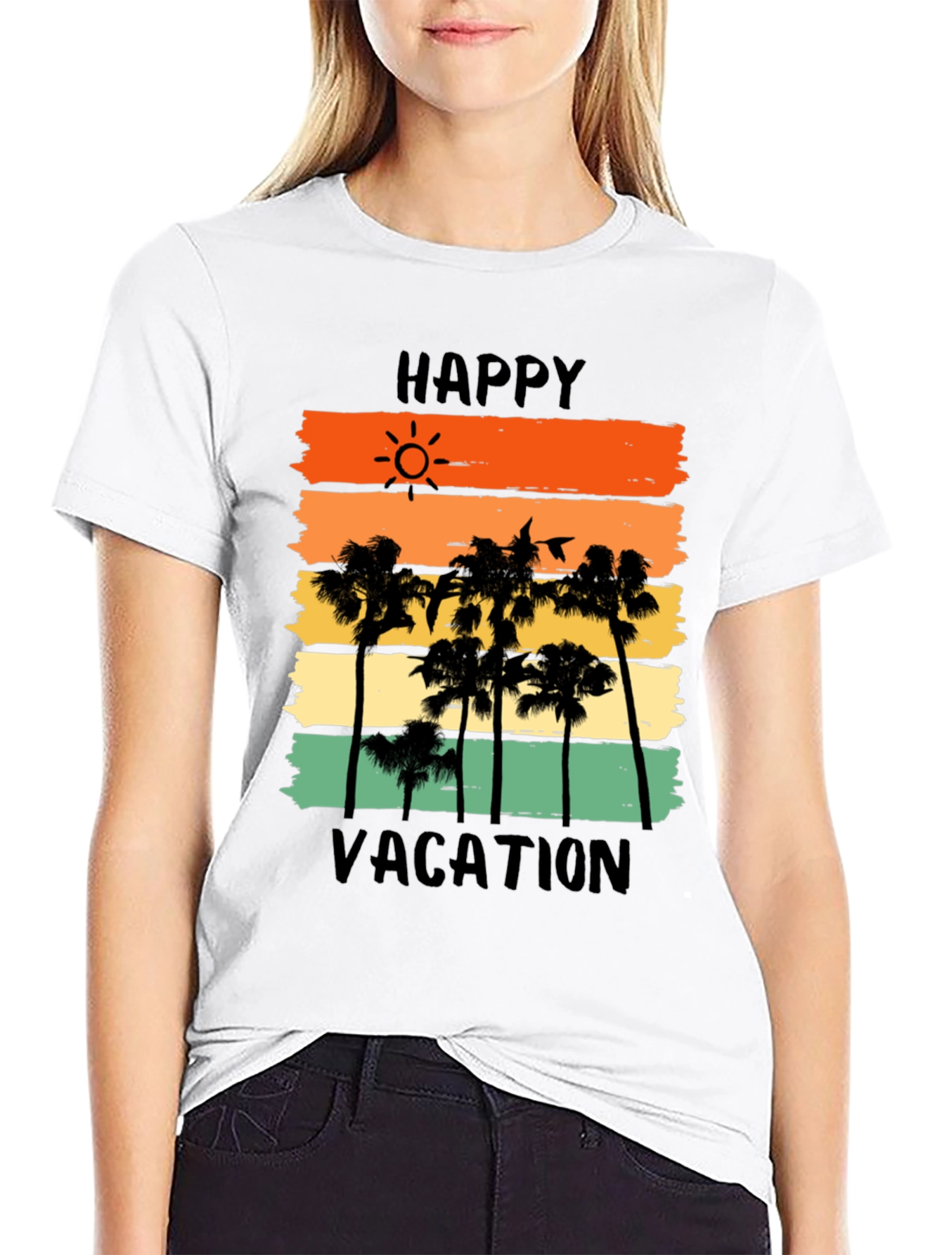 Happy Vacation Graphic Tee - Tropical Palm Tree Sunset T-Shirt