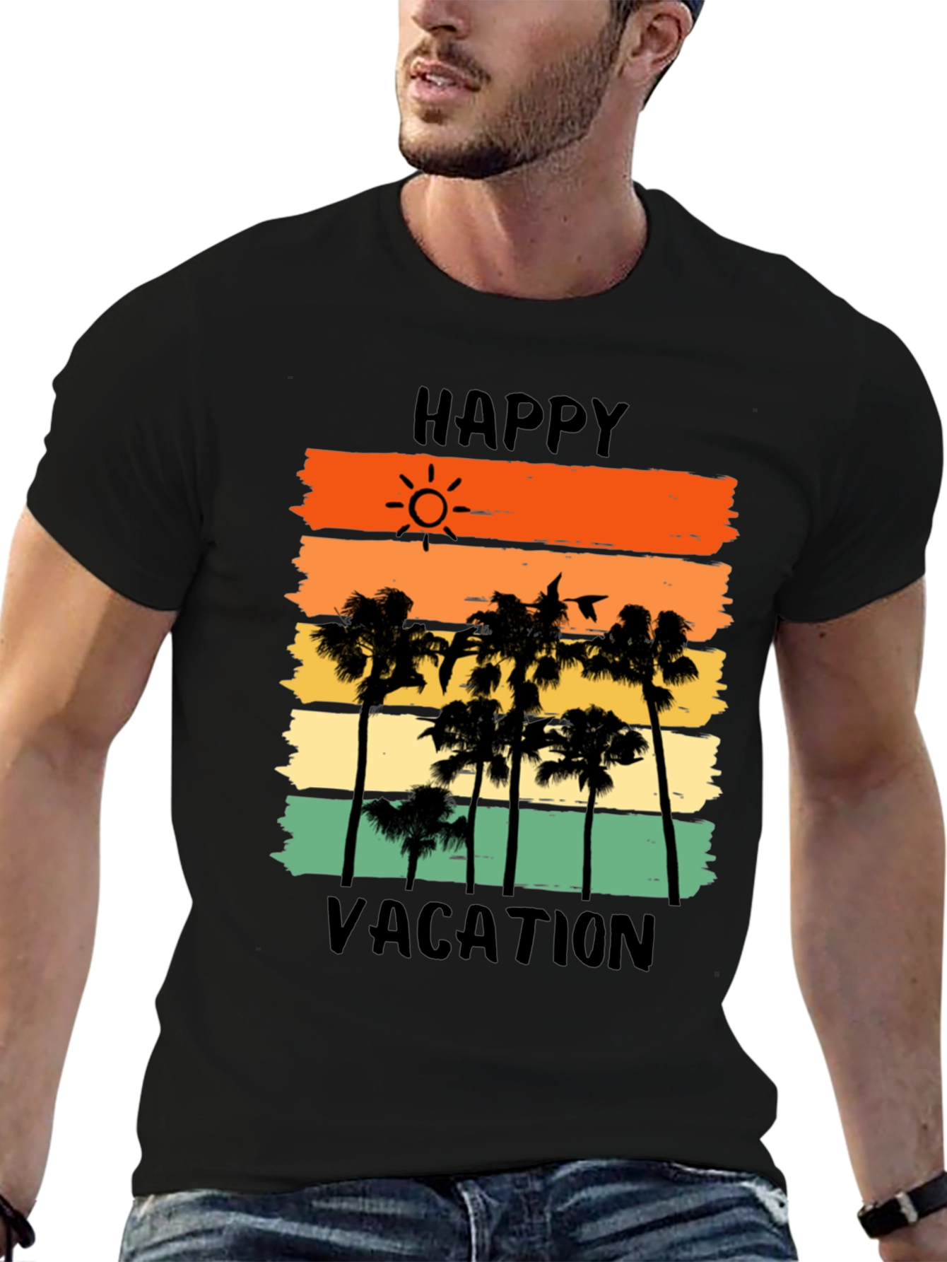 Happy Vacation Graphic Tee - Tropical Palm Tree Sunset T-Shirt