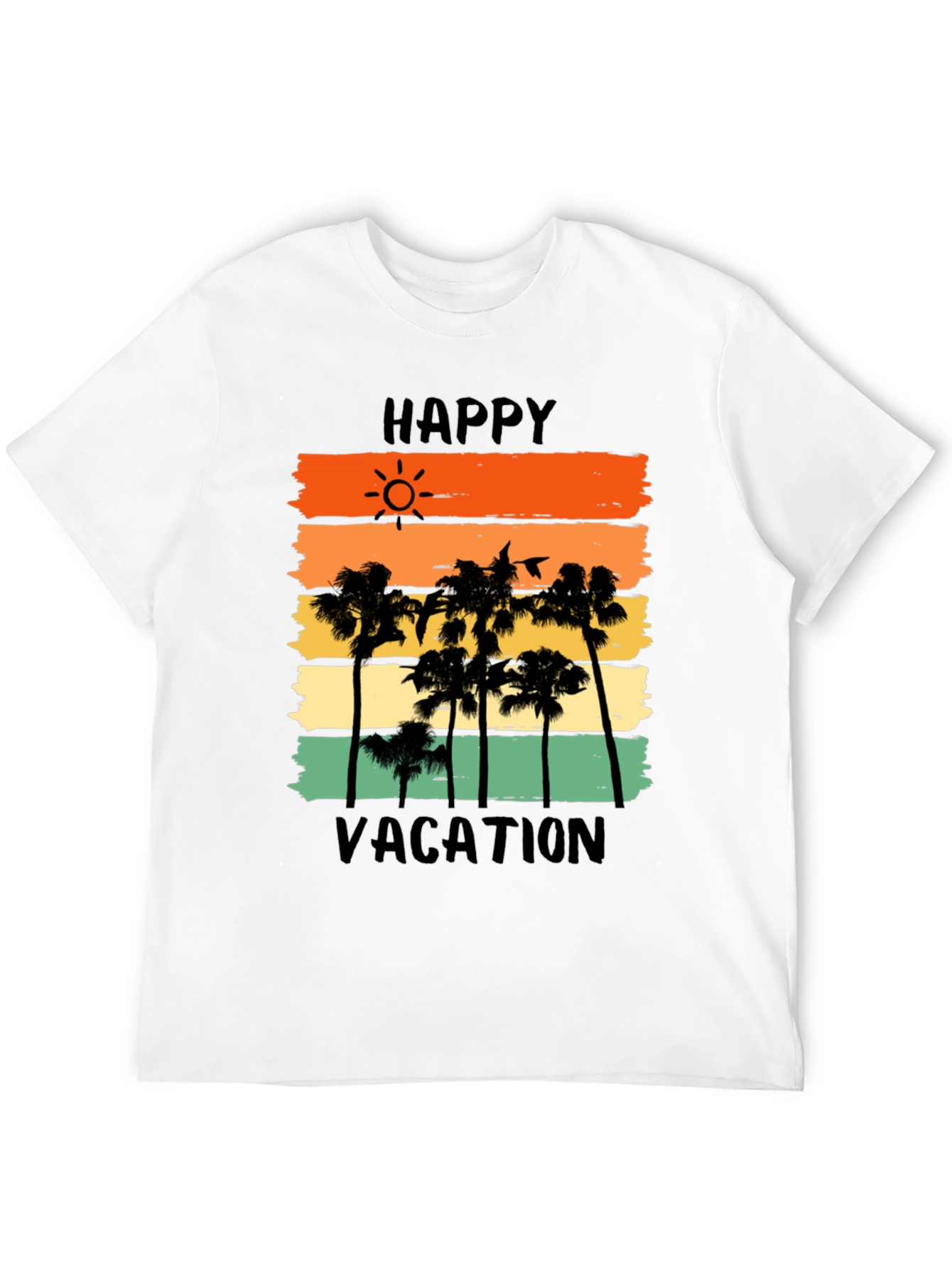 Happy Vacation Graphic Tee - Tropical Palm Tree Sunset T-Shirt