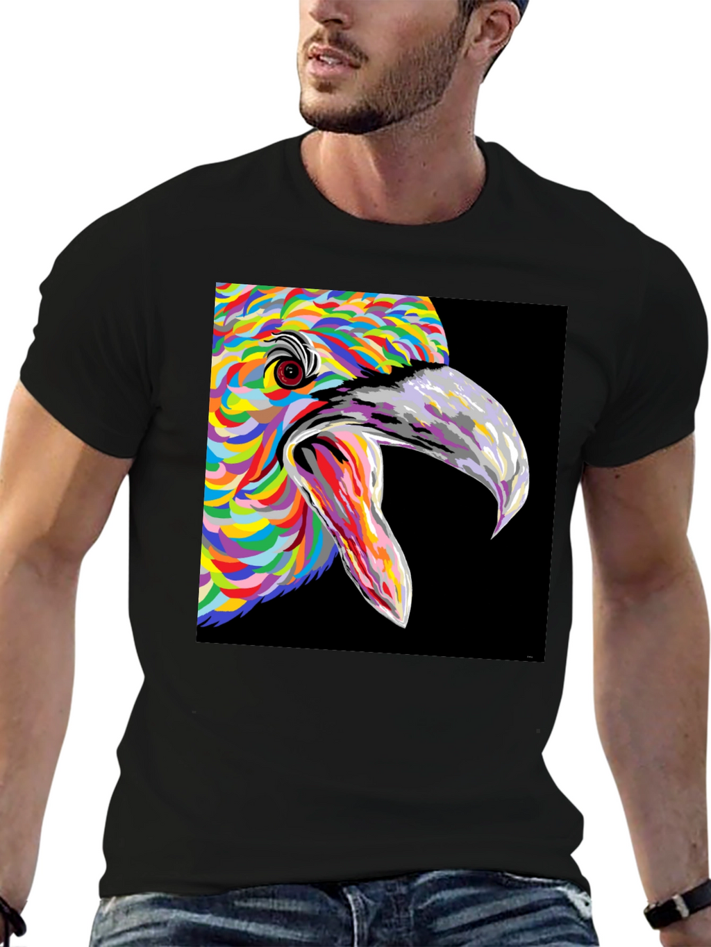 Vibrant Bird Art Graphic Tee - Black Unisex T-Shirt