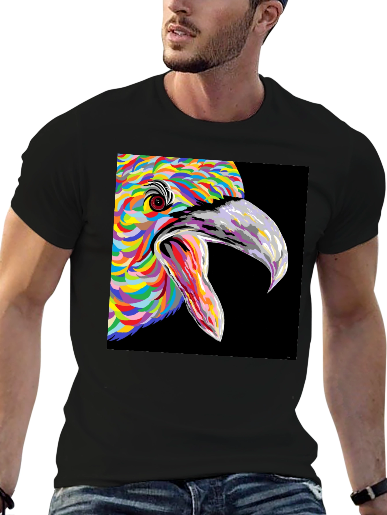 Vibrant Bird Art Graphic Tee - Black Unisex T-Shirt