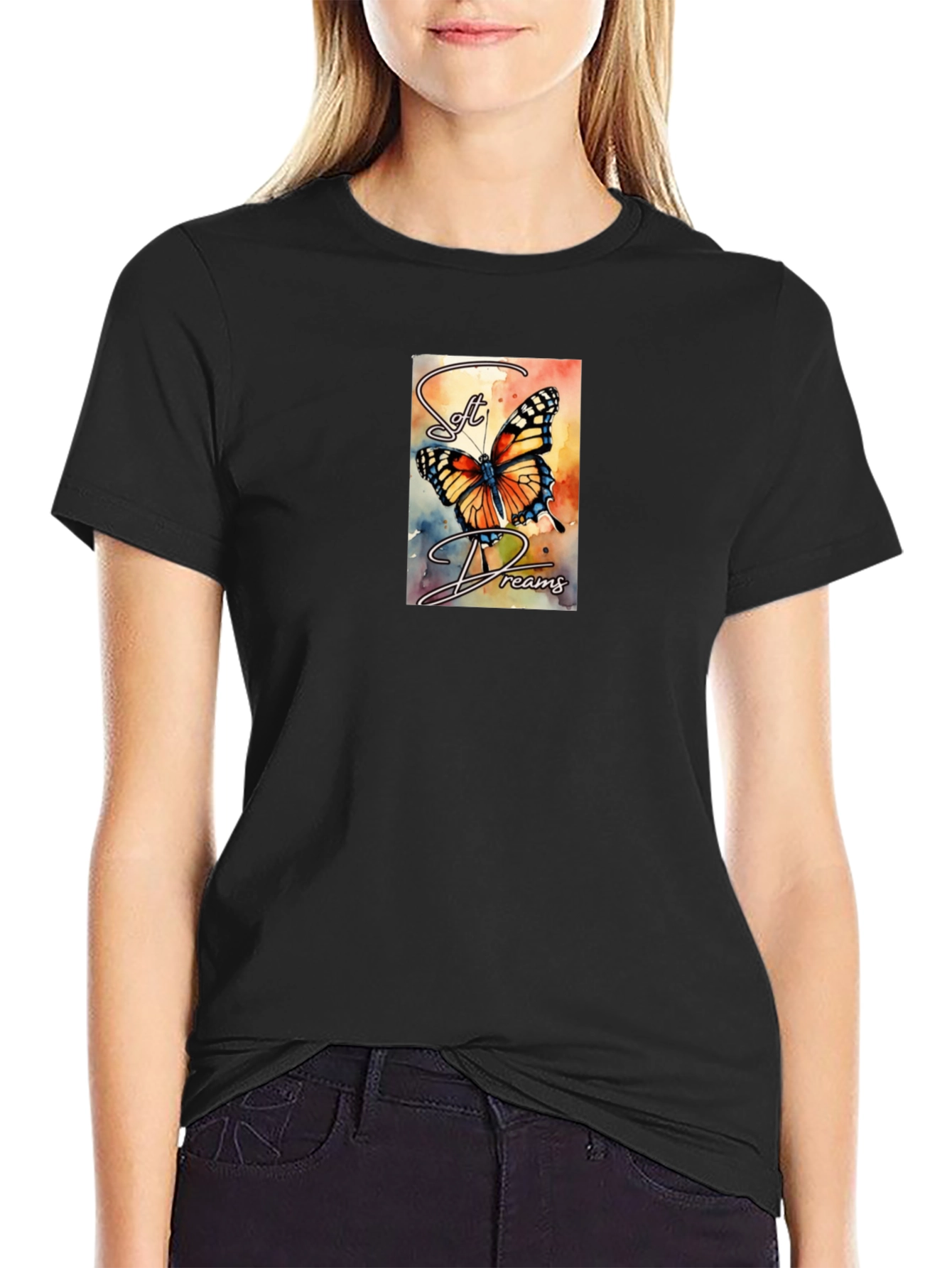 Soft Dreams Butterfly Graphic Tee - Black Cotton Blend