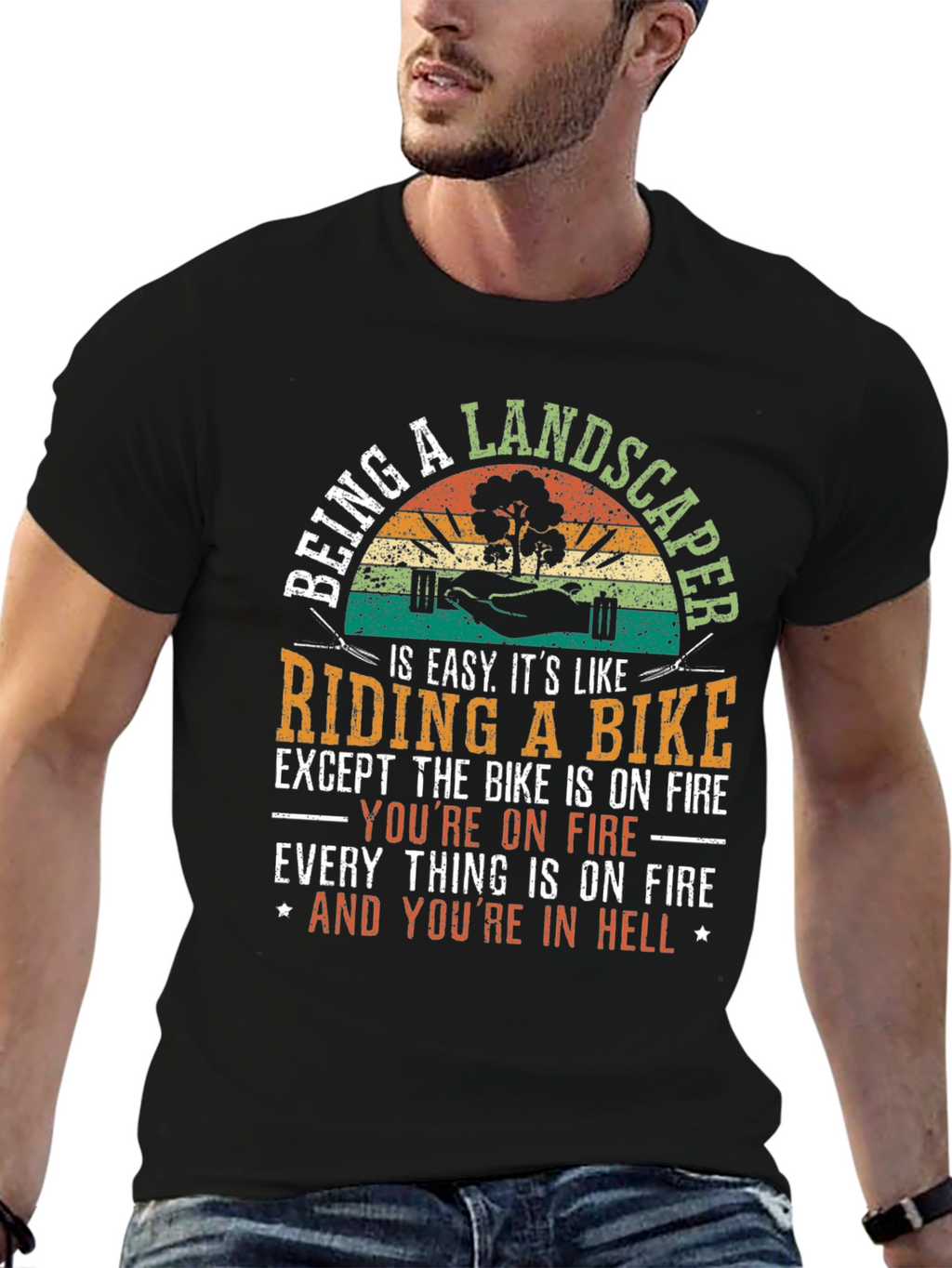 Landscaper Riding a Bike Mens T-Shirt