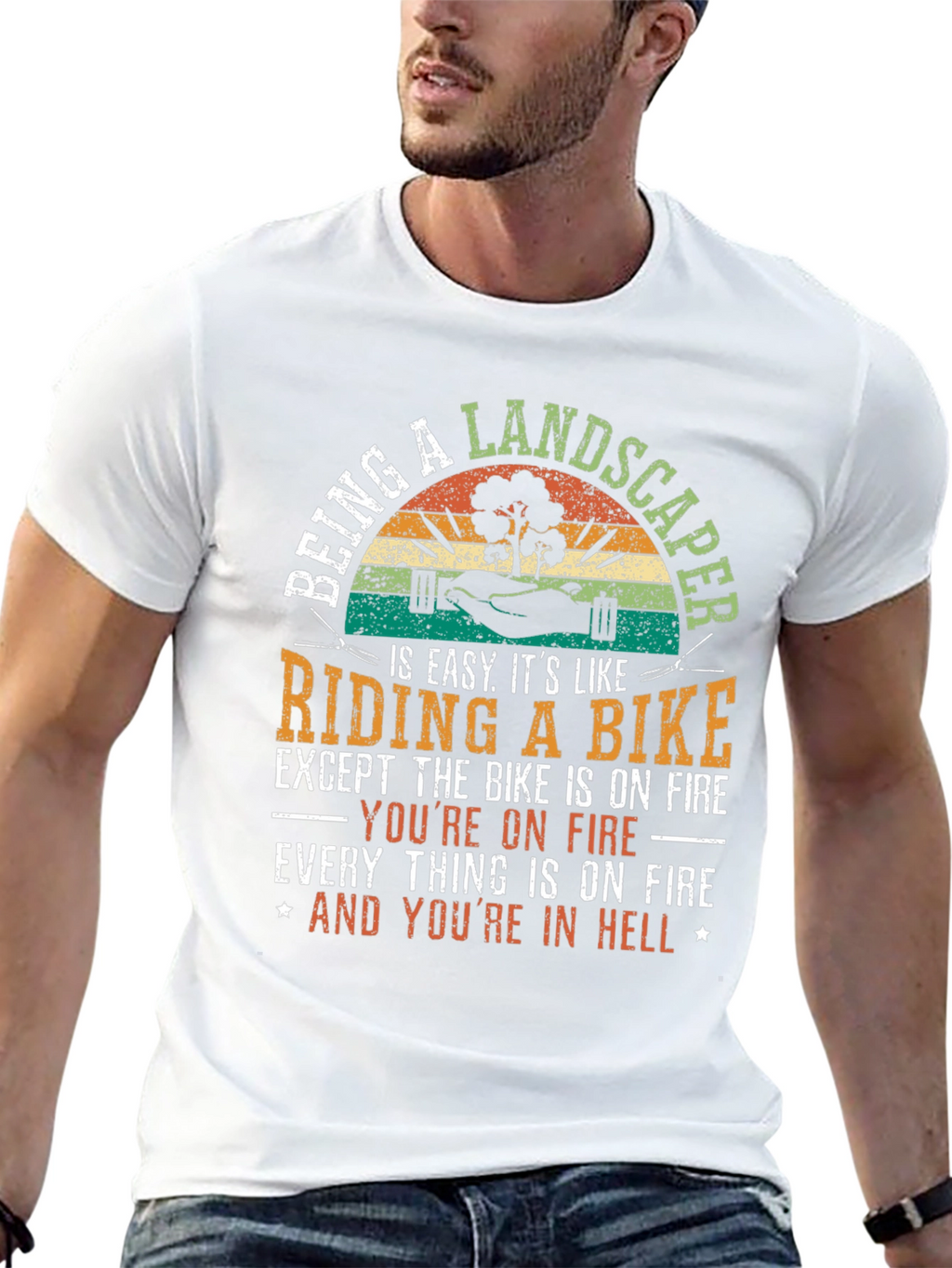 Landscaper Riding a Bike Mens T-Shirt