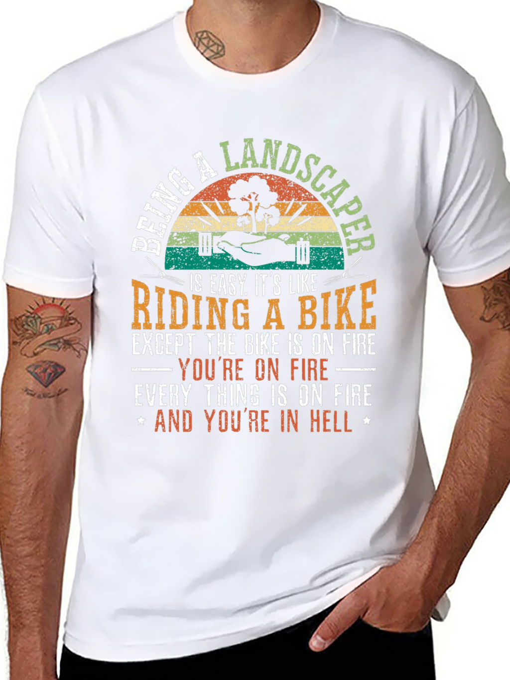 Landscaper Riding a Bike Mens T-Shirt
