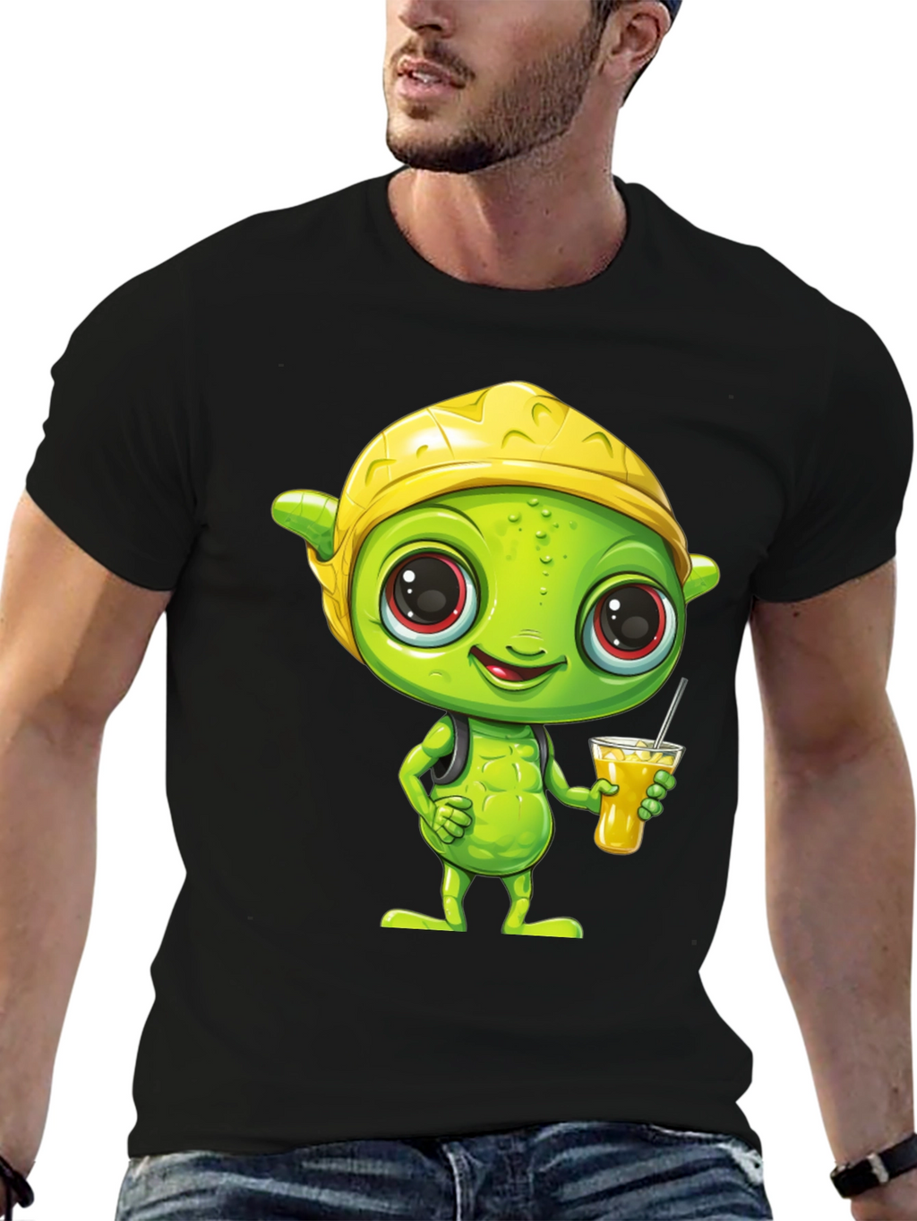 Cartoon Alien T-Shirt - Black Crew Neck Tee