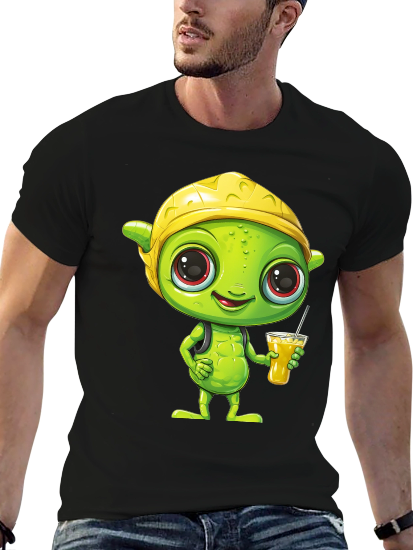 Cartoon Alien T-Shirt - Black Crew Neck Tee