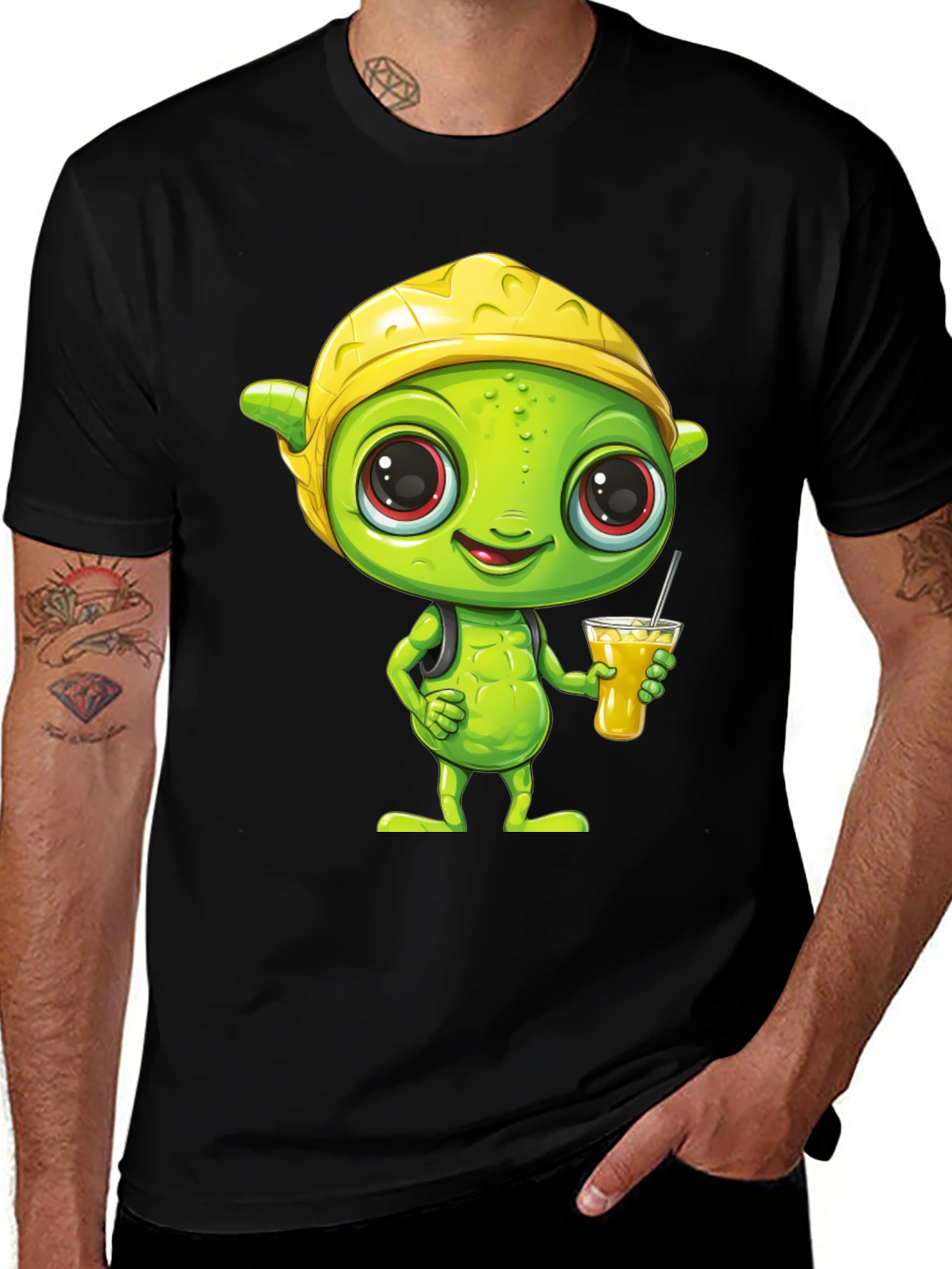 Cartoon Alien T-Shirt - Black Crew Neck Tee