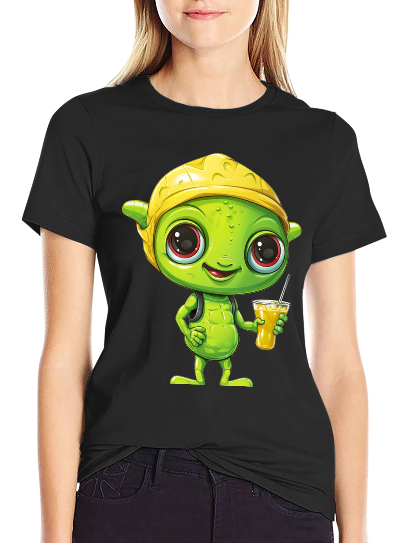 Cartoon Alien T-Shirt - Black Crew Neck Tee