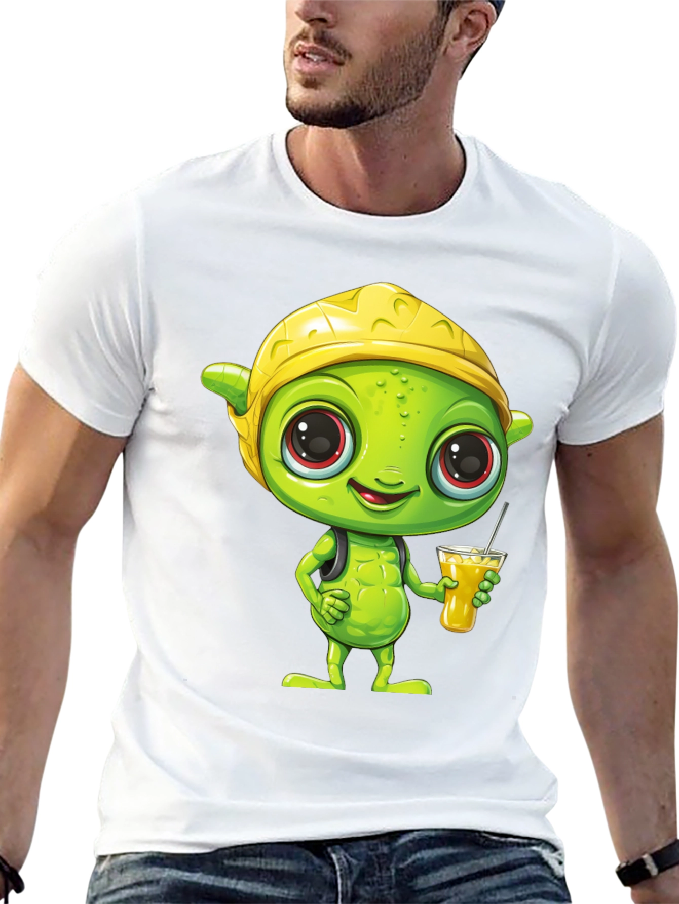 Cartoon Alien T-Shirt - Black Crew Neck Tee