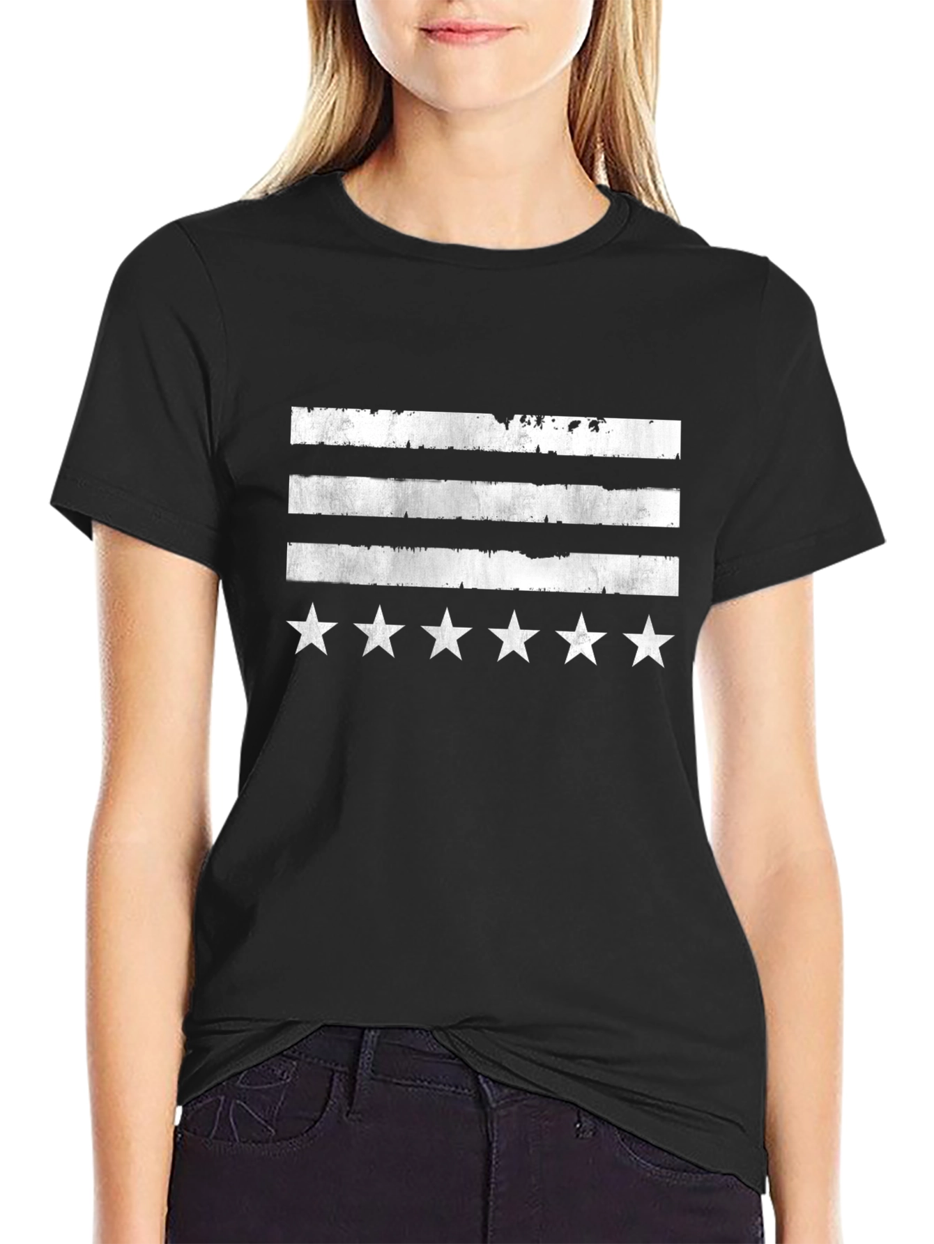 Distressed Stripes & Stars Graphic Tee - Black