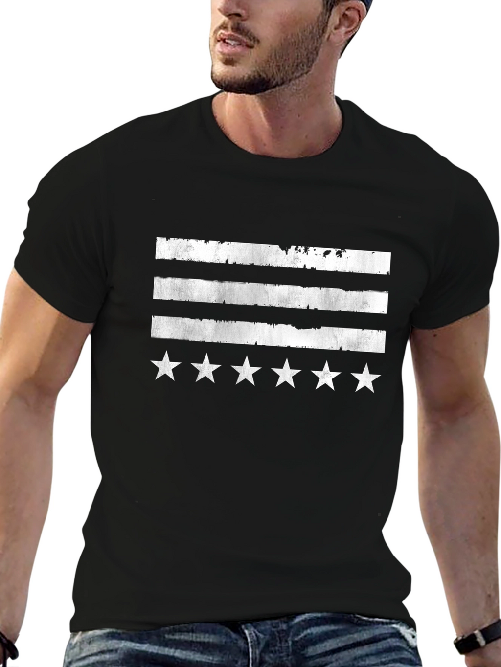 Distressed Stripes & Stars Graphic Tee - Black