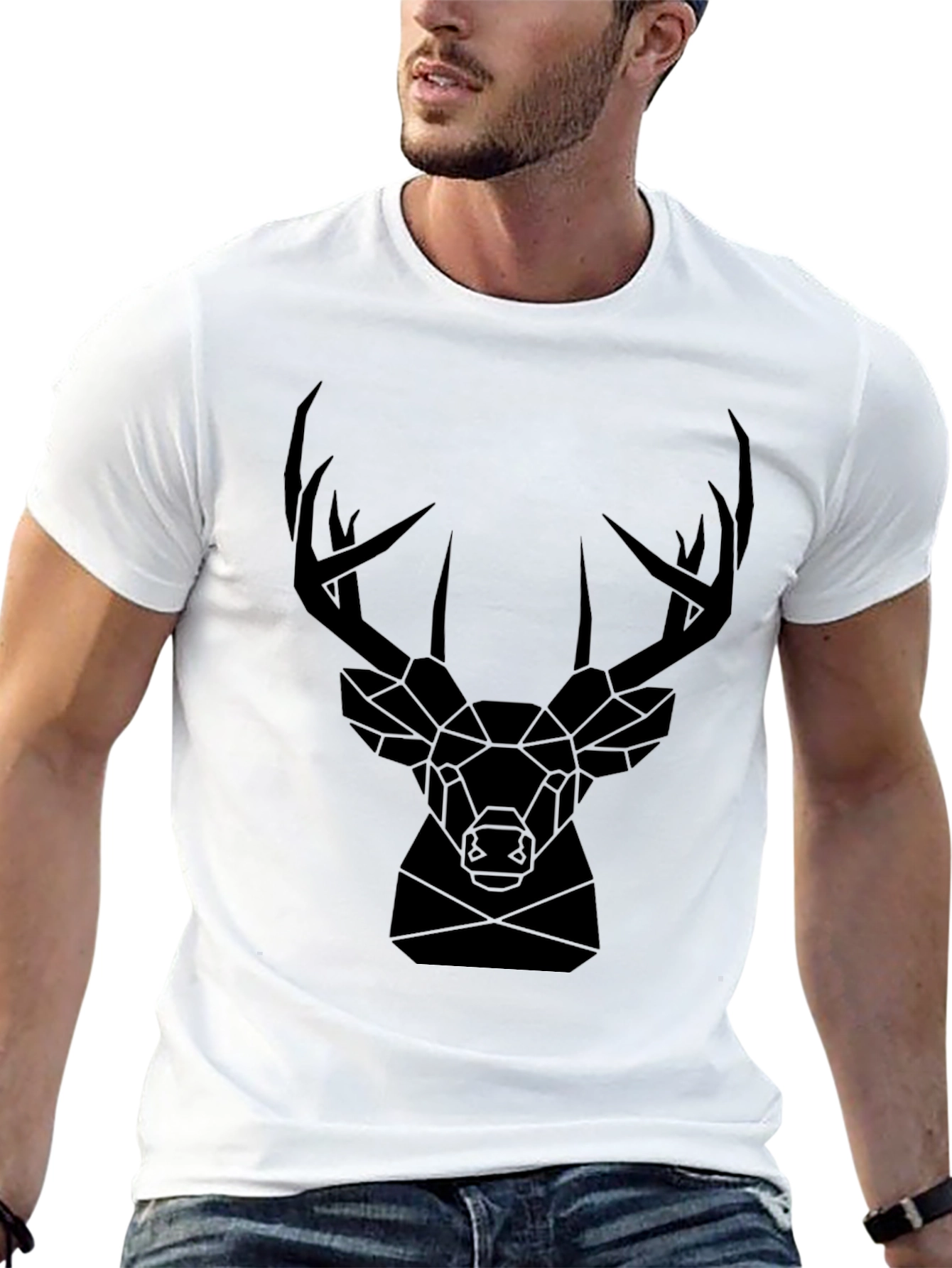 Geometric Deer Head Graphic Tee - Black T-Shirt