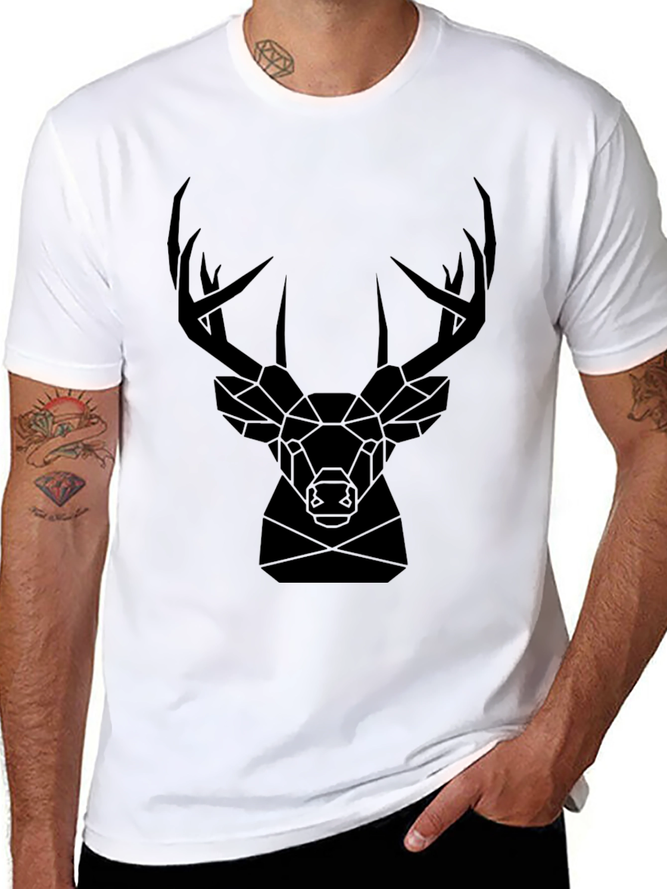 Geometric Deer Head Graphic Tee - Black T-Shirt