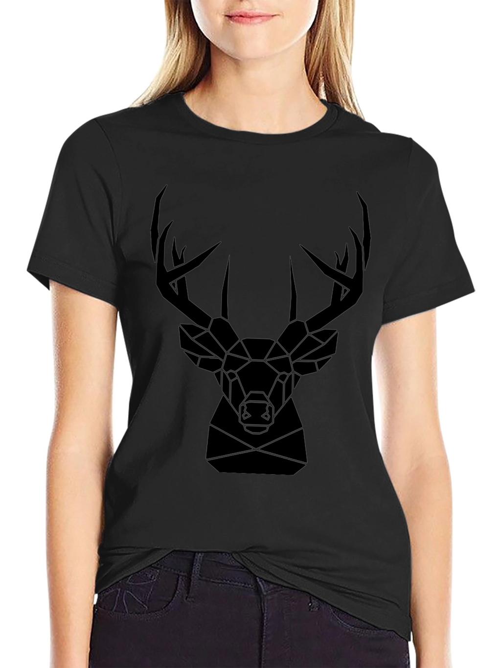 Geometric Deer Head Graphic Tee - Black T-Shirt