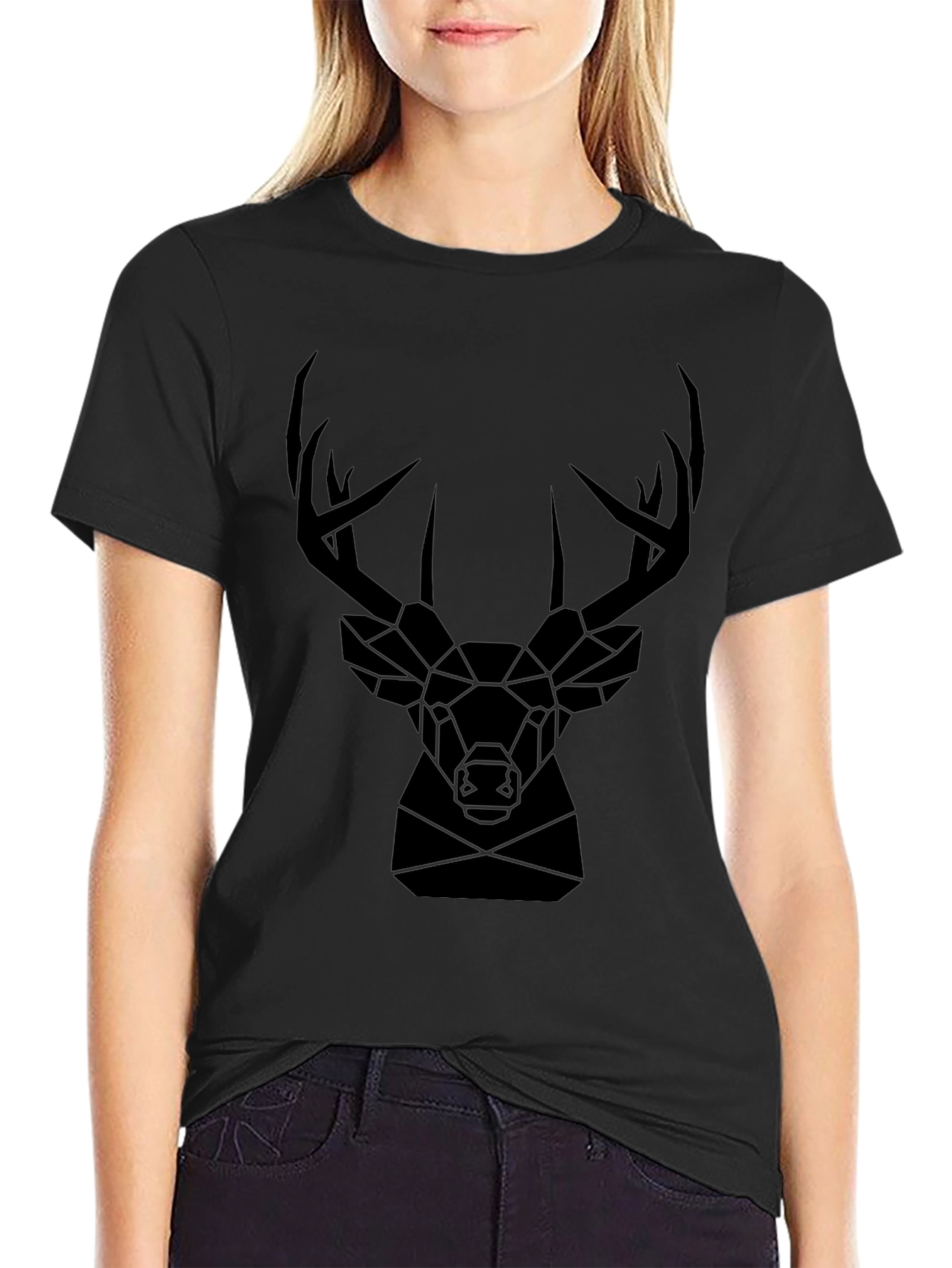 Geometric Deer Head Graphic Tee - Black T-Shirt