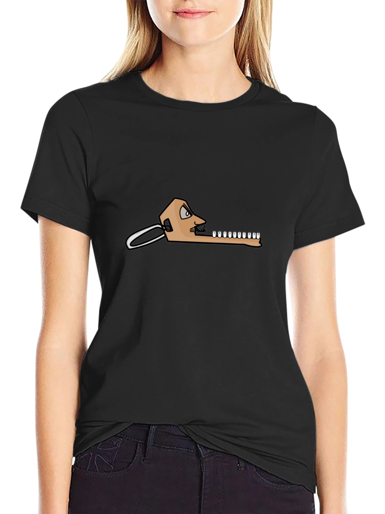 Black T-Shirt with Funny Dental Cartoon Graphic