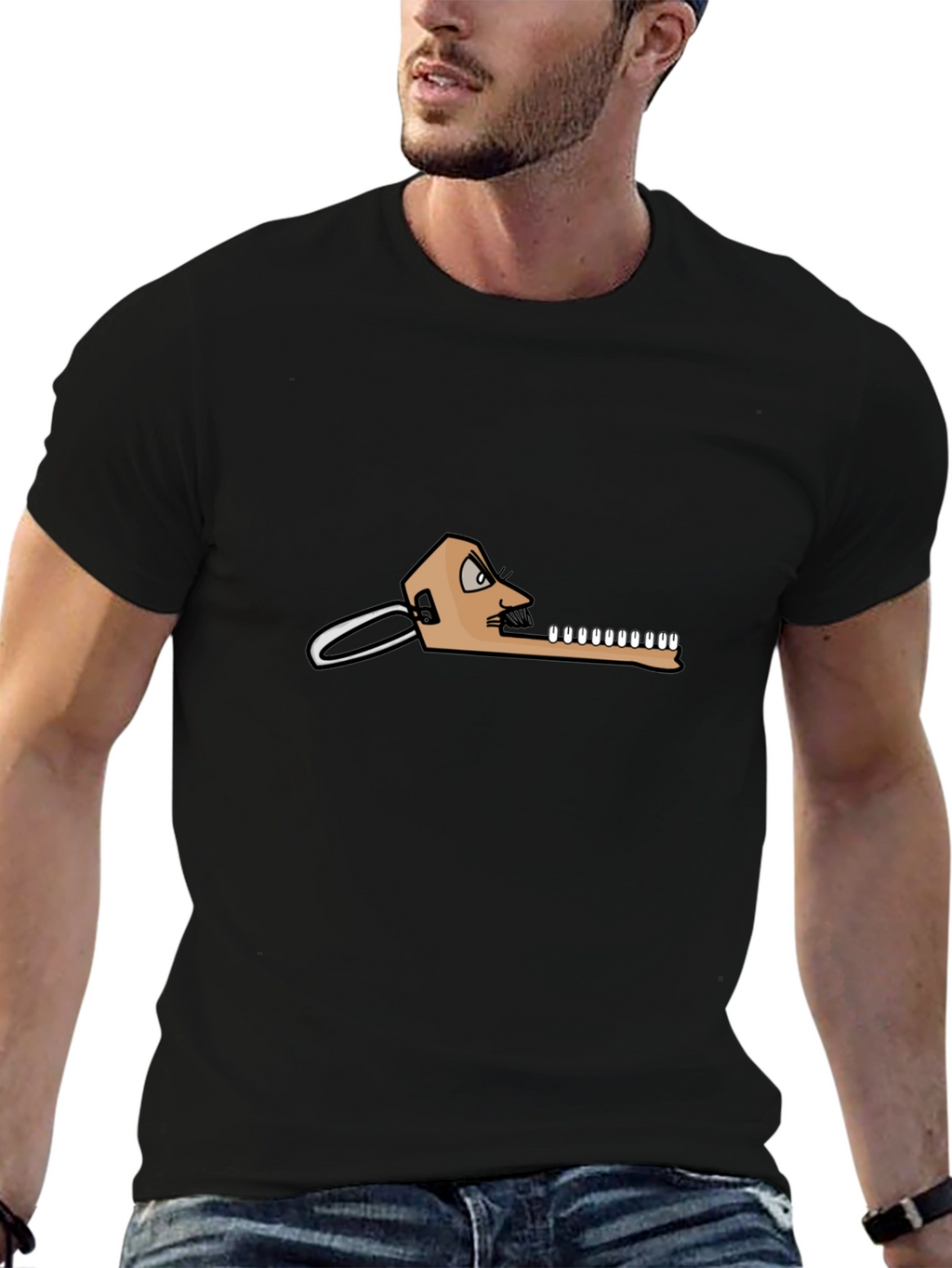 Black T-Shirt with Funny Dental Cartoon Graphic