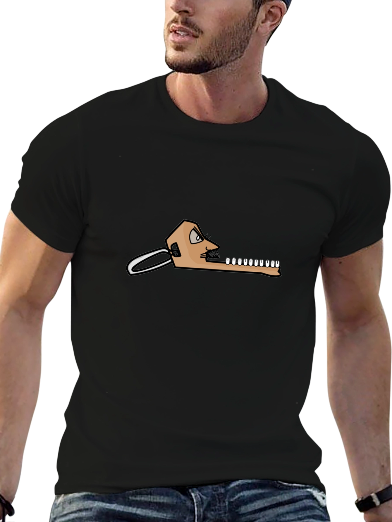 Black T-Shirt with Funny Dental Cartoon Graphic