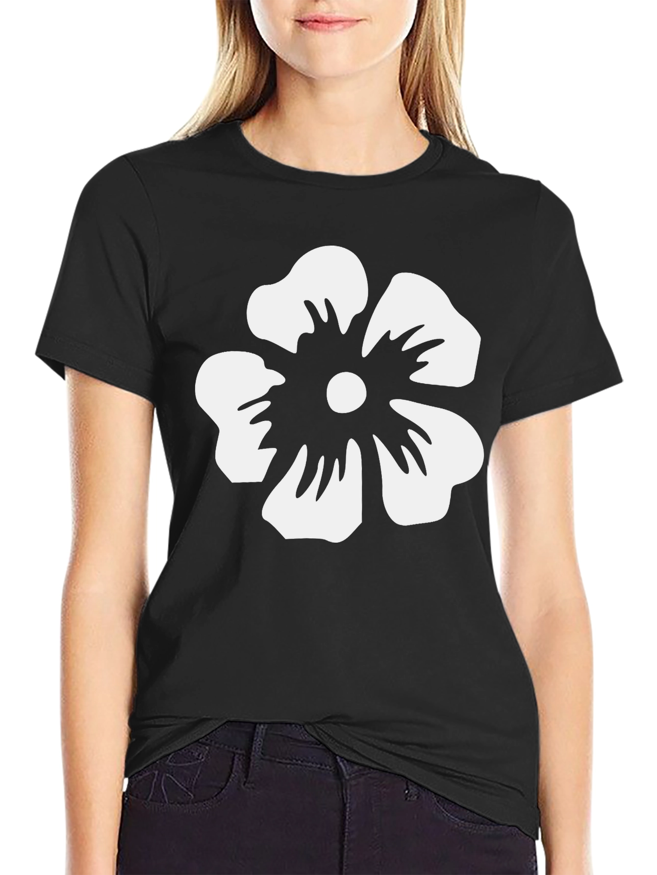 Floral Graphic Tee - White Flower on Black