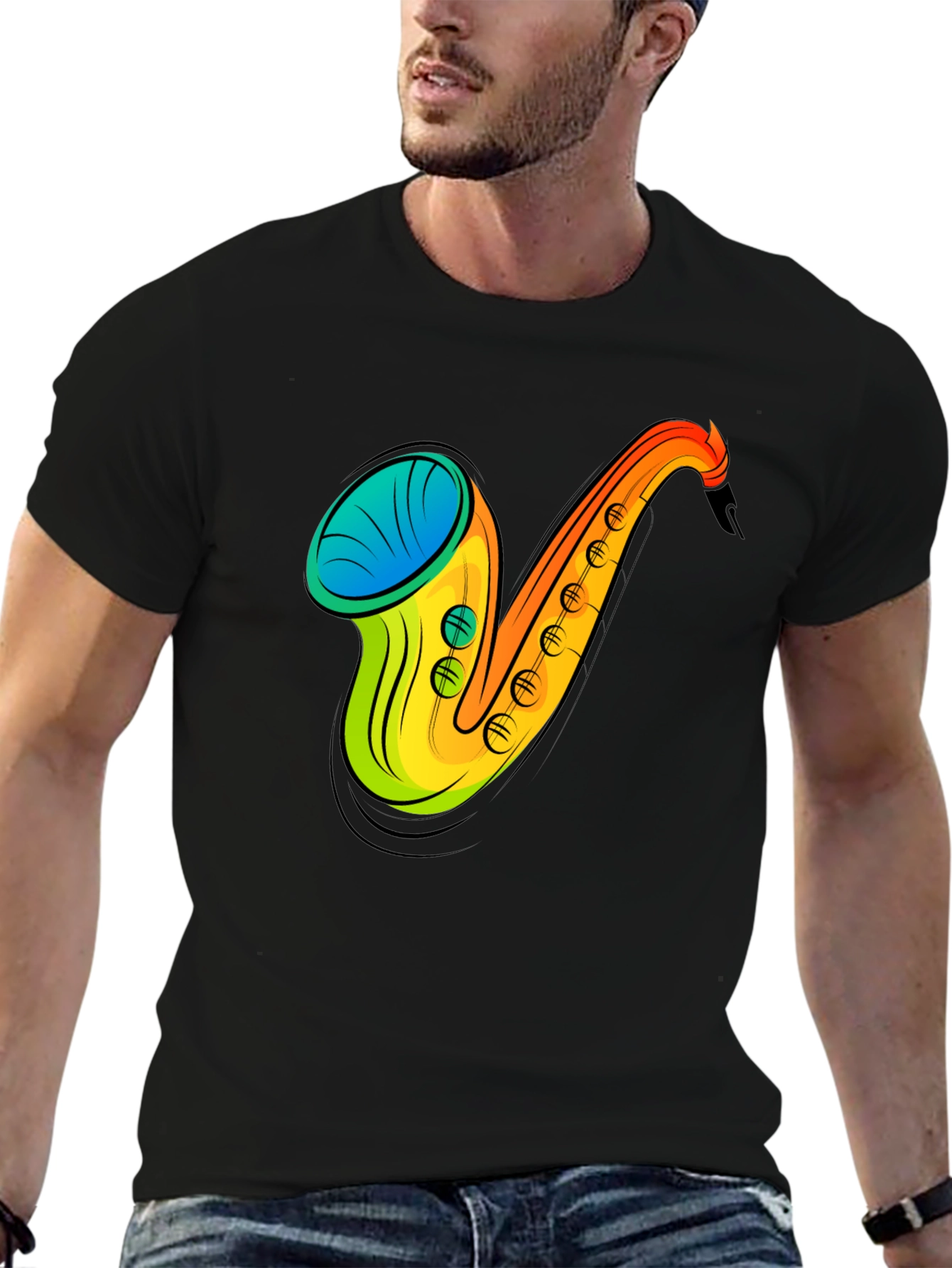 Saxophone Graphic Print Black T-Shirt