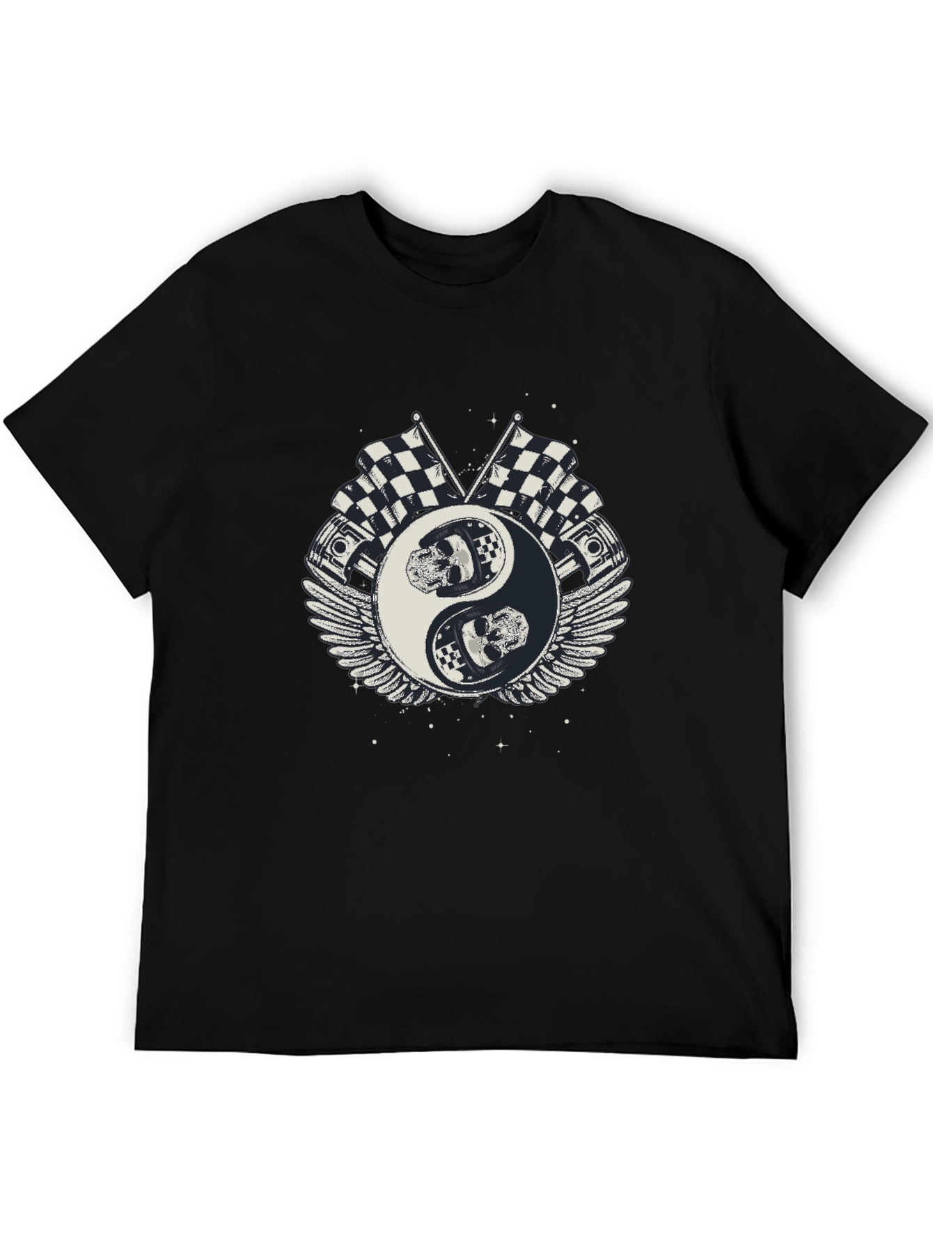 Yin Yang Skull Racing Flags Graphic T-Shirt