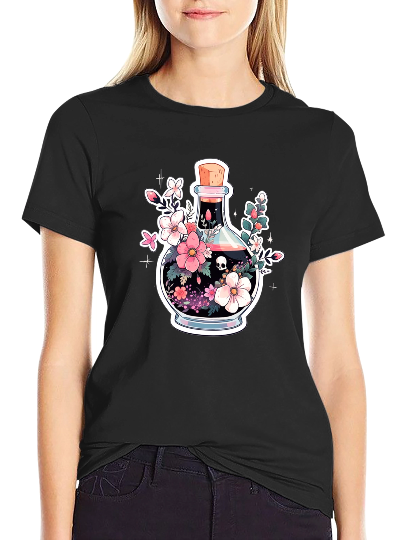 Skull Potion Floral Black T-Shirt