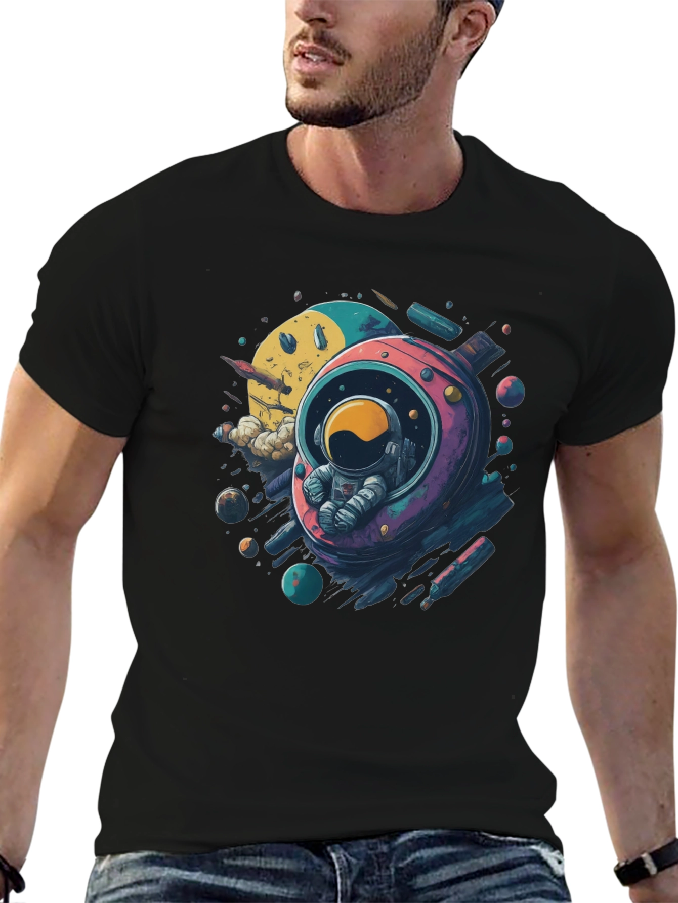 Astronaut in Space Black T-Shirt