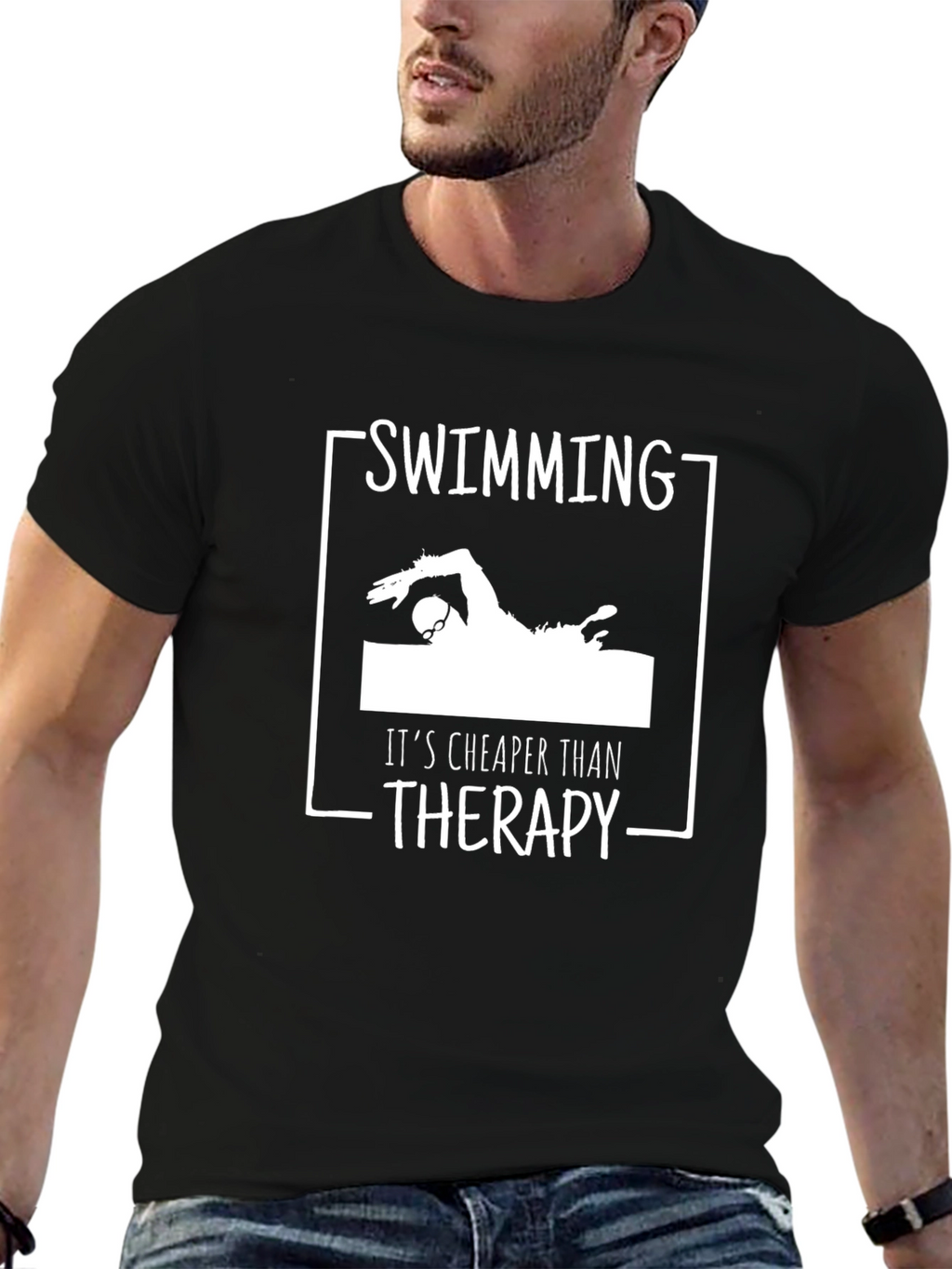 Swimming Cheaper Than Therapy Black T-Shirt