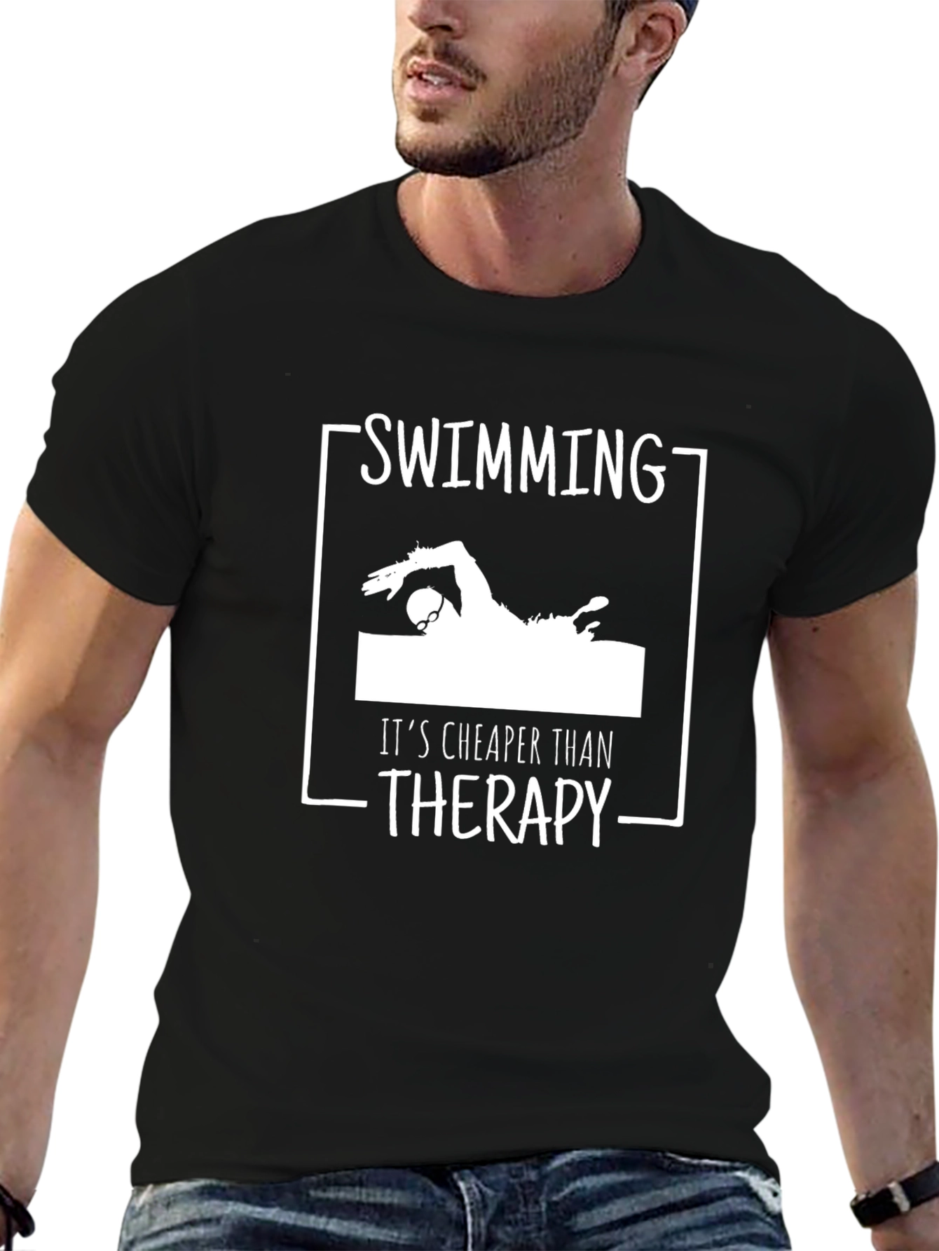 Swimming Cheaper Than Therapy Black T-Shirt