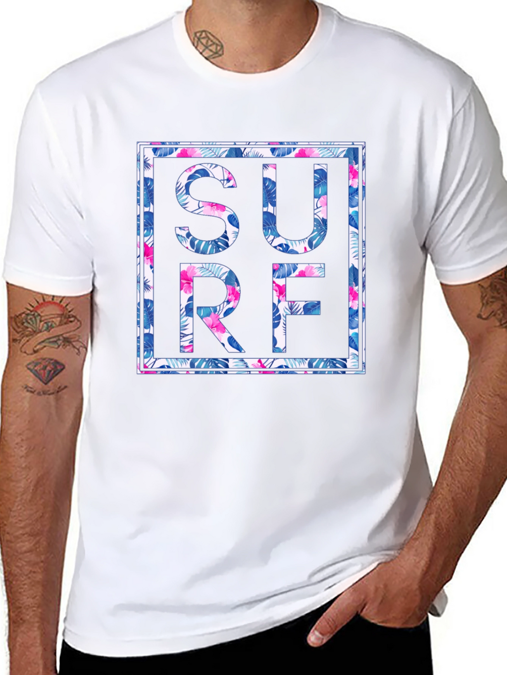 Tropical Floral Surf Graphic Mens Black T-Shirt