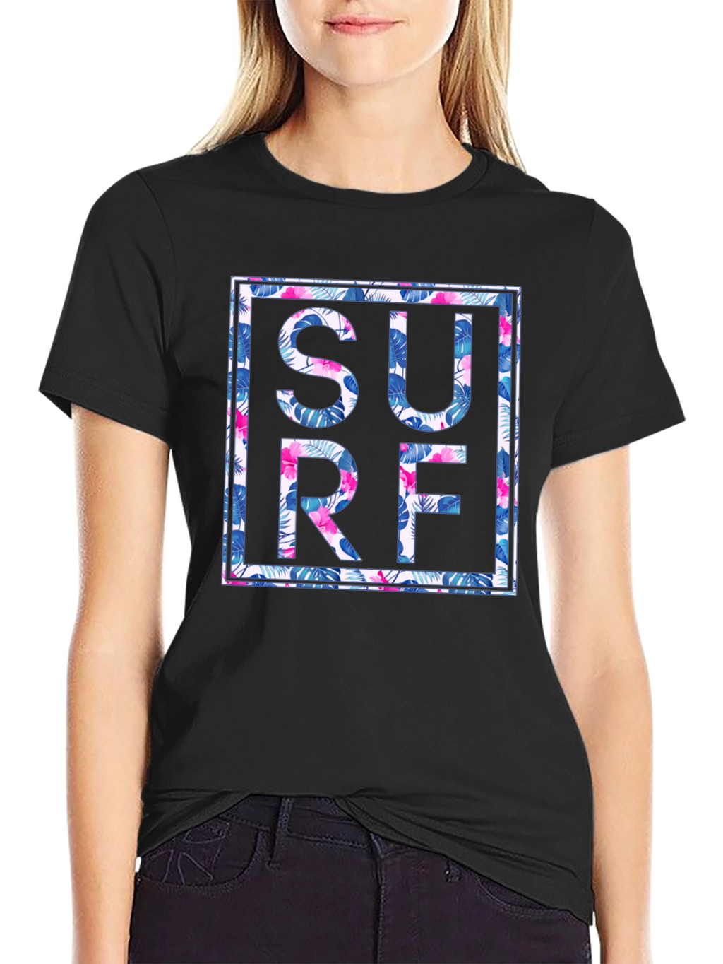 Tropical Floral Surf Graphic Mens Black T-Shirt