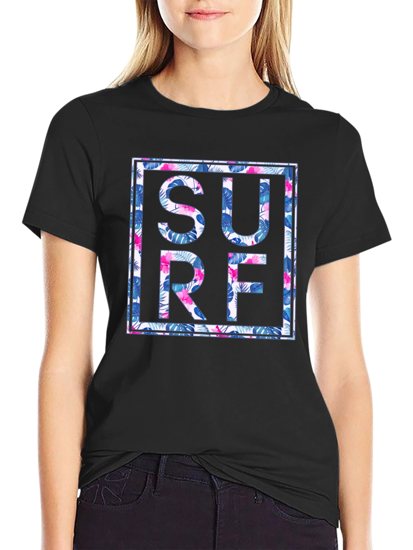 Tropical Floral Surf Graphic Mens Black T-Shirt